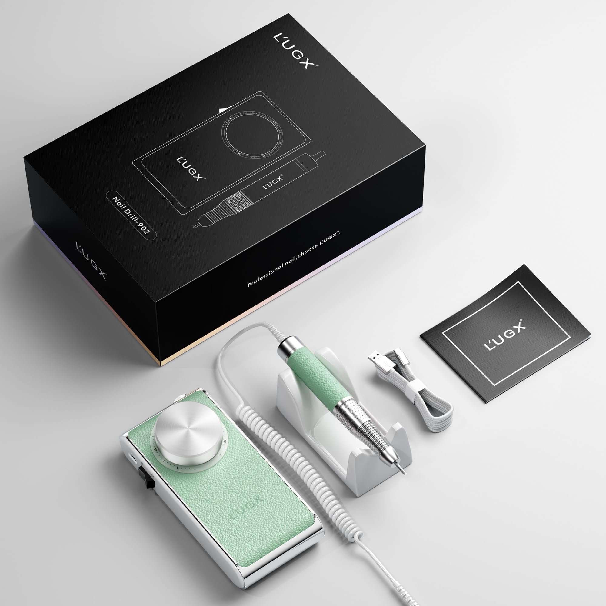 L'UGX Wiederaufladbarer Nagelbohrer Professionell - Kabellose Elektrische Nagelfeile für Acryl- & Gelnägel 30000 U/min, Leise & Glatte Efile für Maniküre & Pediküre, Grün mit 7 Nagelbohrern