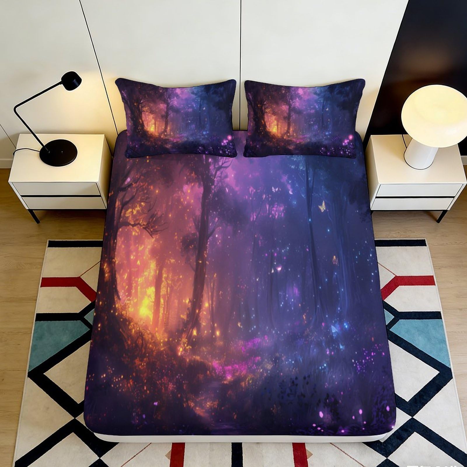 3D Printed Enchanted Forest Fitted Sheet Microfiber Soft Dreamy Night Sky Mattress Cover for Bedroom Dorm Decor 160x200x25cm