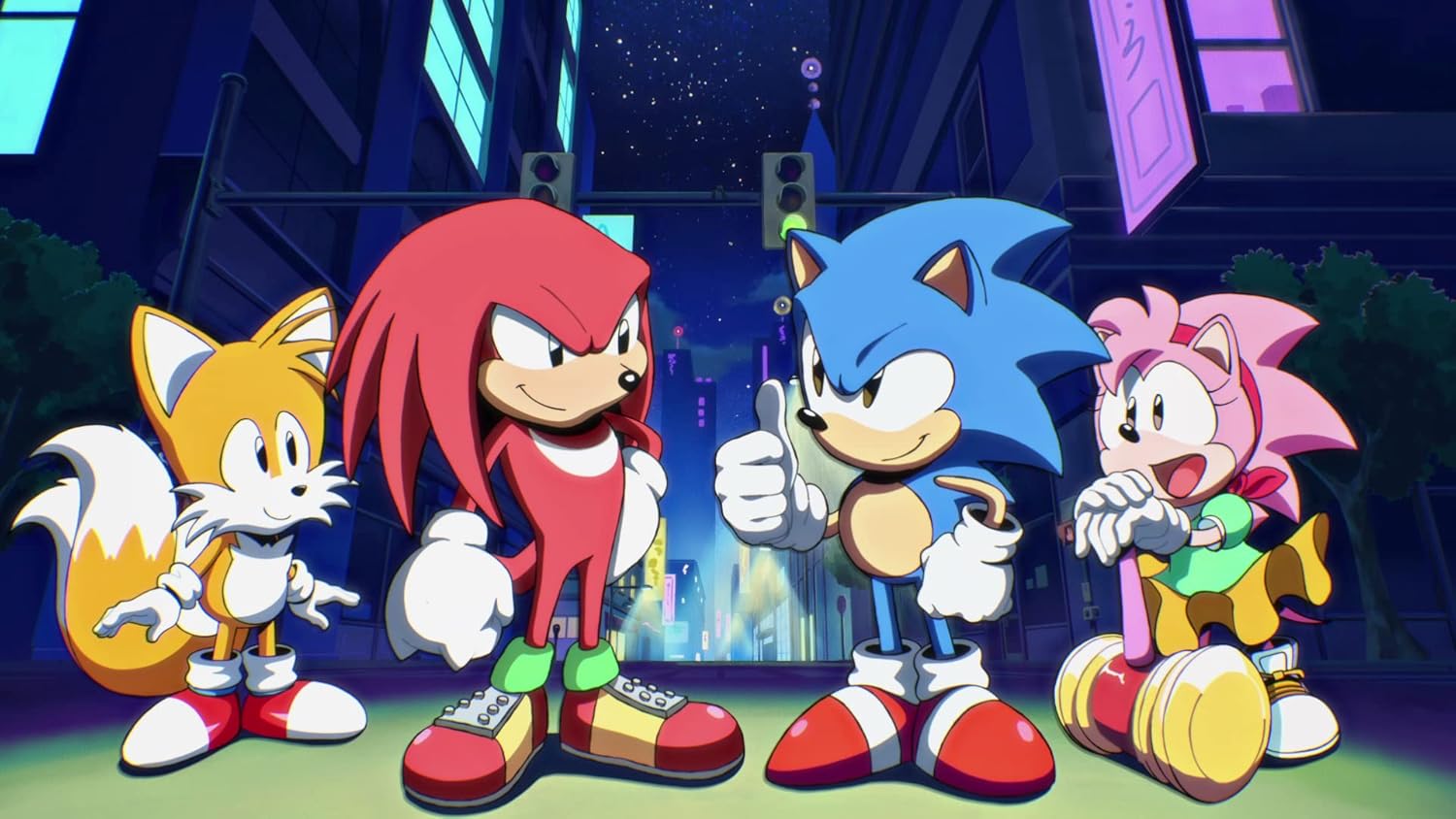 Animated character art of Sonic, Tails, Knuckles, and Amy Rose