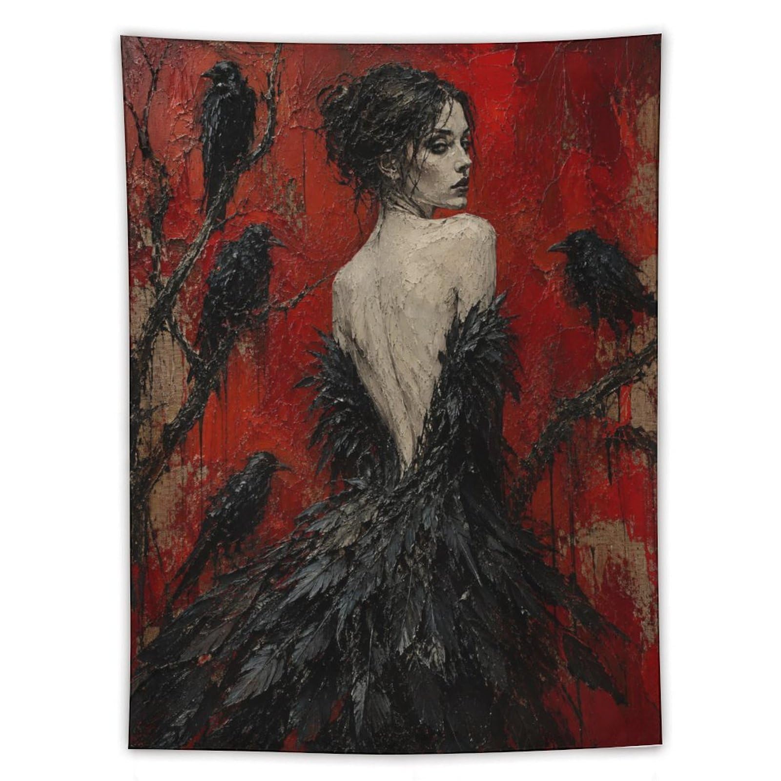 H3B8U2Y5 Raven Woman with Black Feather Dress Wall Tapestry, Gothic Art