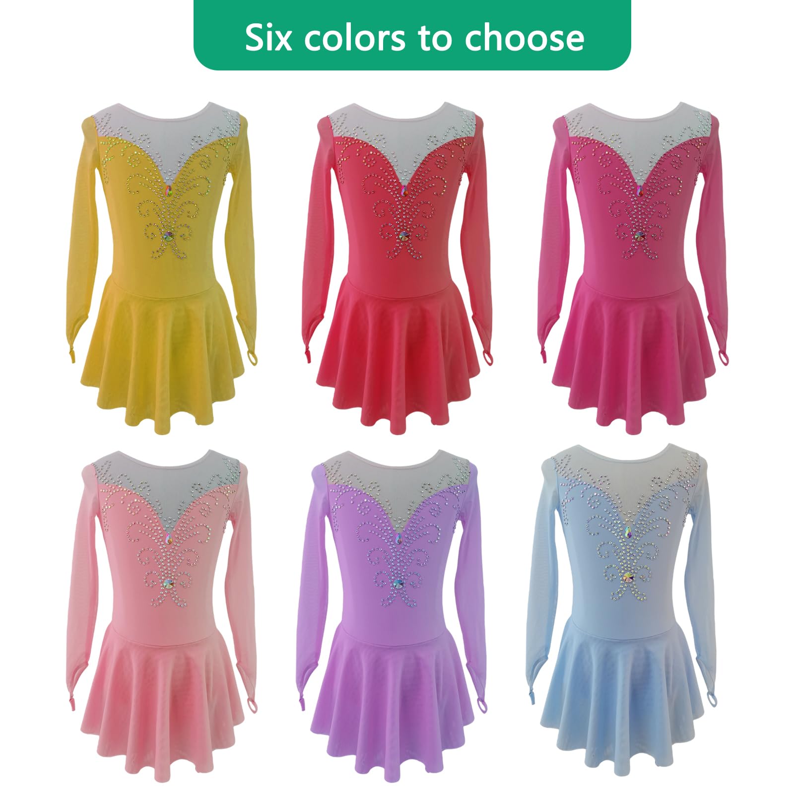 LIUHUO Ice Figure Skating Dress Girls' Elegant Handmade Crystal Long Sleeves Competition Womens Yellow