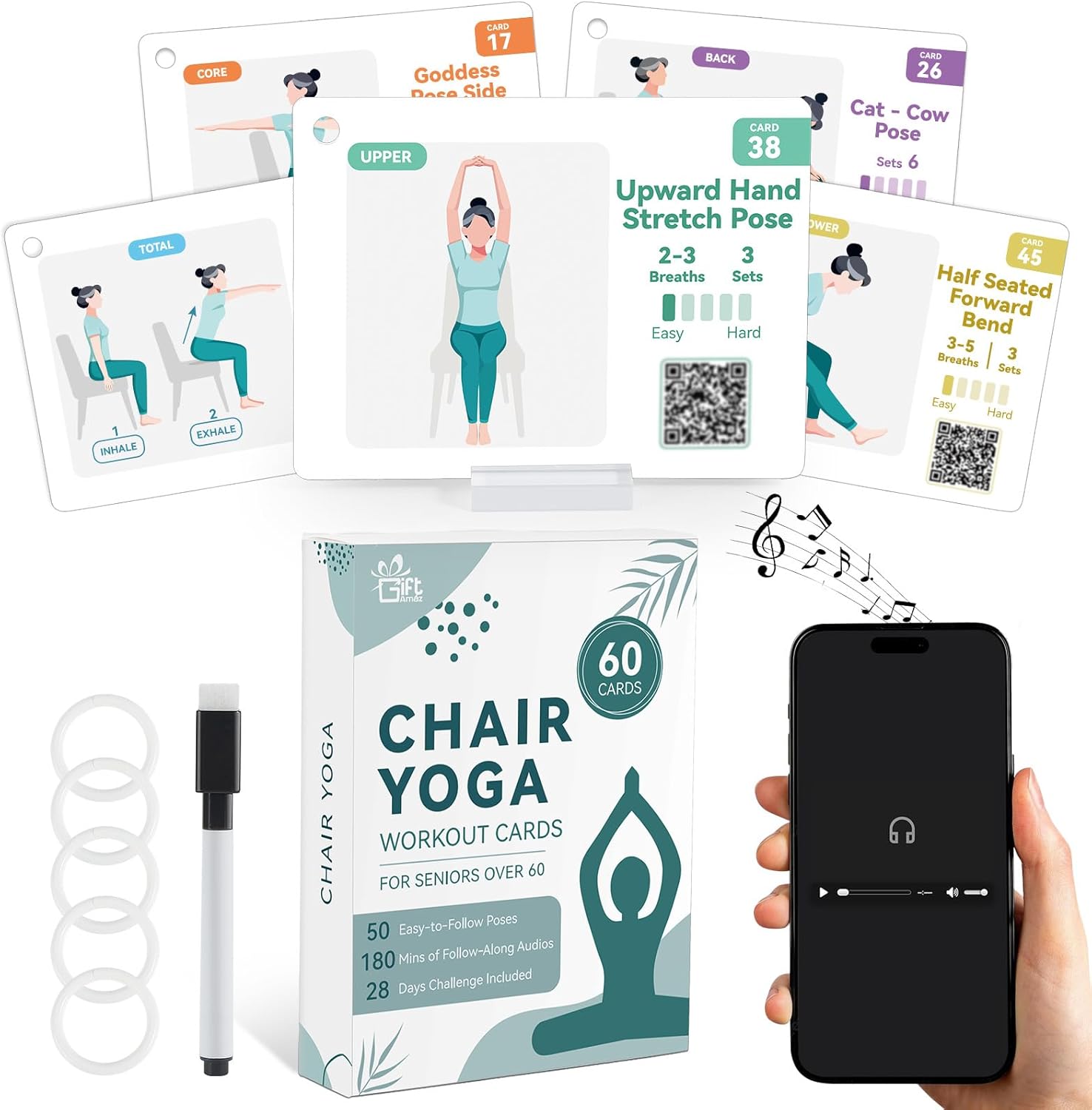 Large Chair Yoga Cards for Seniors Over 60, 180 Min Audio Guide, 60 Oversized Chair Exercise Chart for Strength, Weight Loss & Relaxation, Yoga Set for Beginners, Elderly, Mom Dad Grandparent