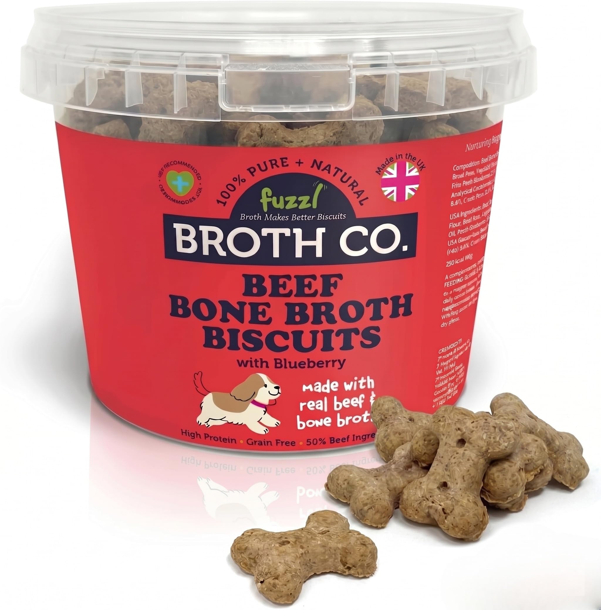 Fuzzl Broth Co. Beef Bone Broth Dog Treats with Blueberry - 1kg (2.5l Tub) - Grain Free, High Protein Biscuits - All Natural, Gently Baked Superfood Snacks - 50% Beef Ingredients
