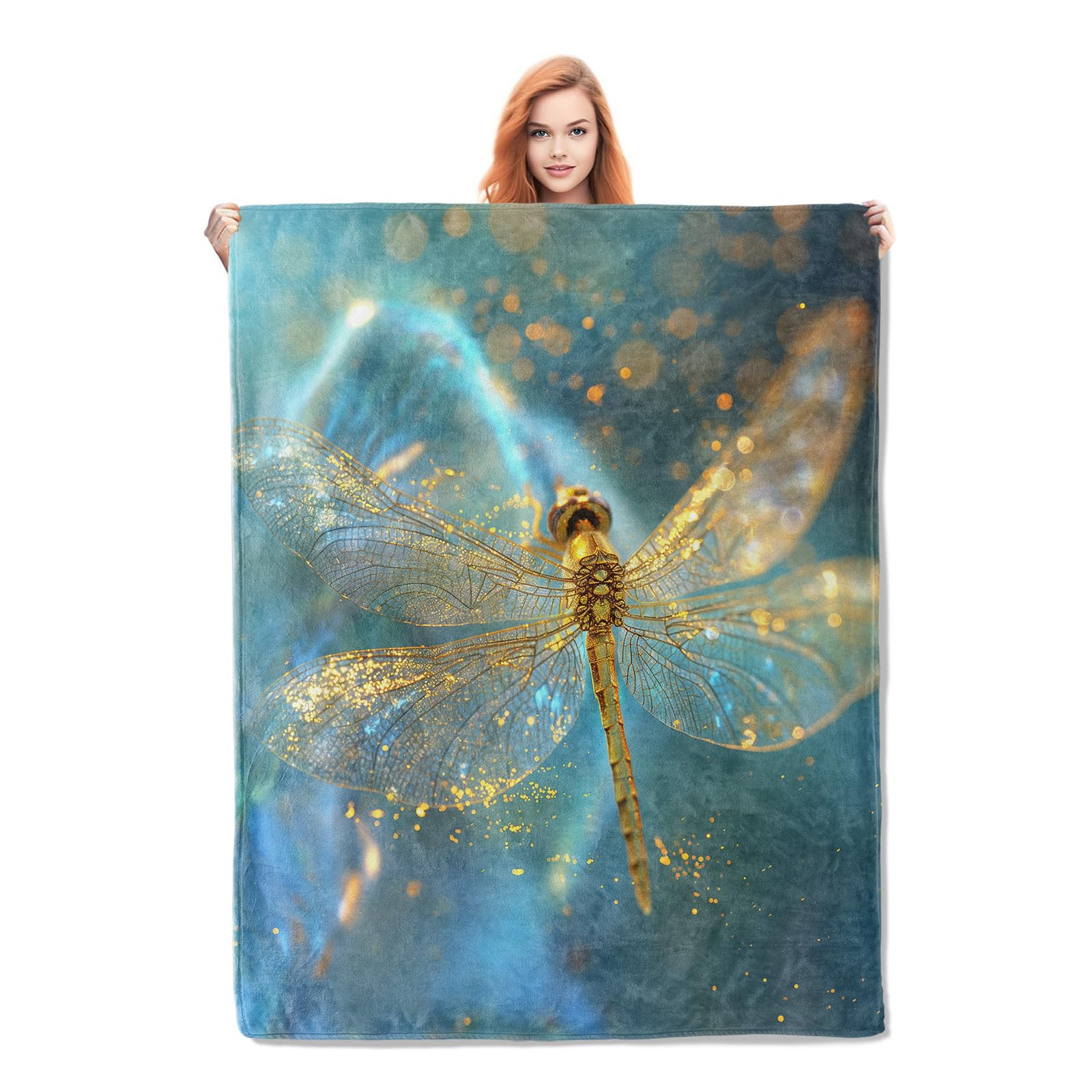 Dragonfly Blanket Gifts for Women Girls Soft Warm Lightweight Cozy Plush Golden Dragonfly Theme Throw Blankets for Bedroom Living Room Sofa Home Decor