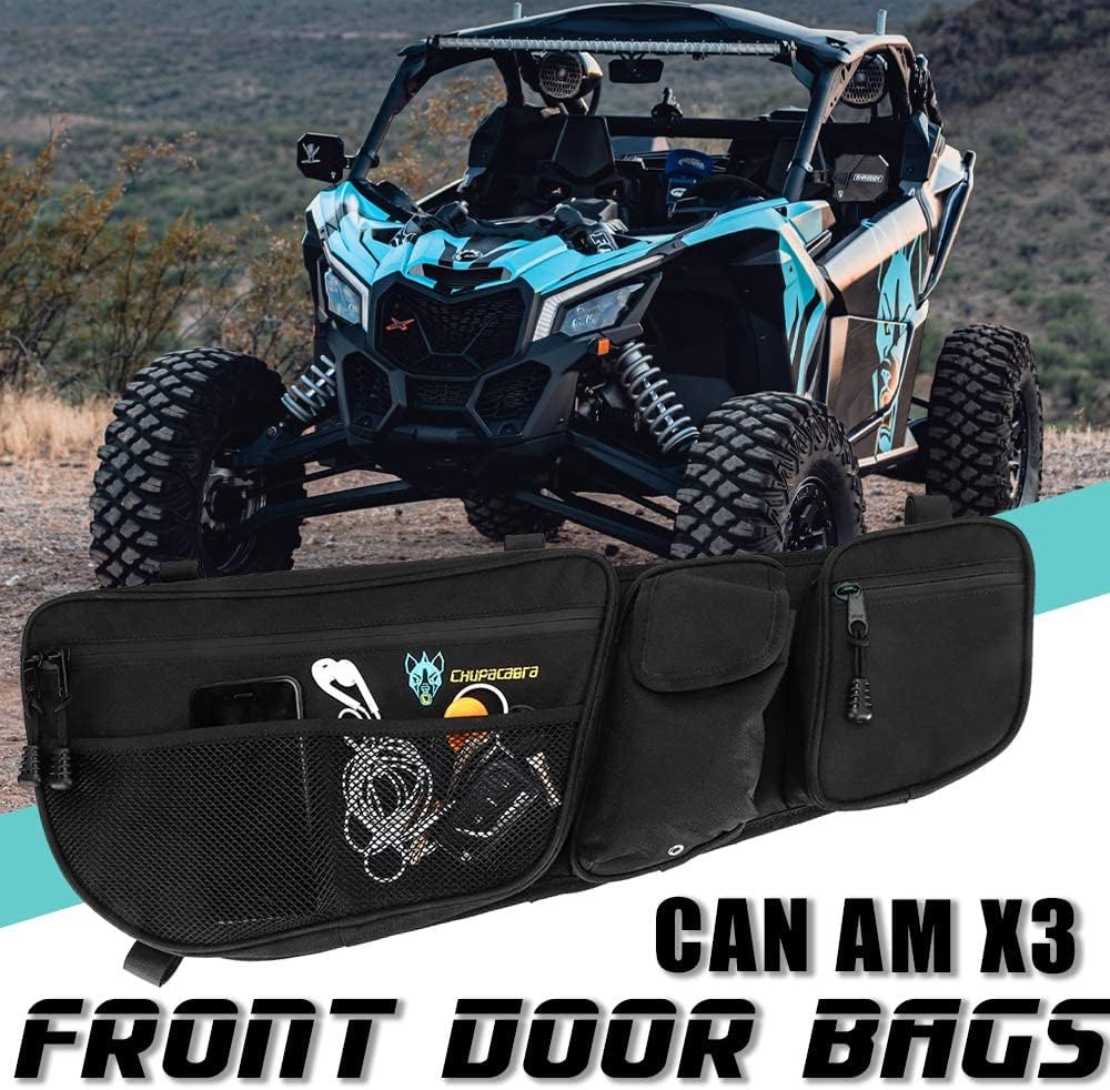 Borse Porta Anteriori Chupacabra Offroad Per Can Am Maverick X3 MAX (2017-2022) - Set Di 2 Tasche Portaoggetti In Nylon 1680D Con Portabottiglia E Ginocchiera - 5