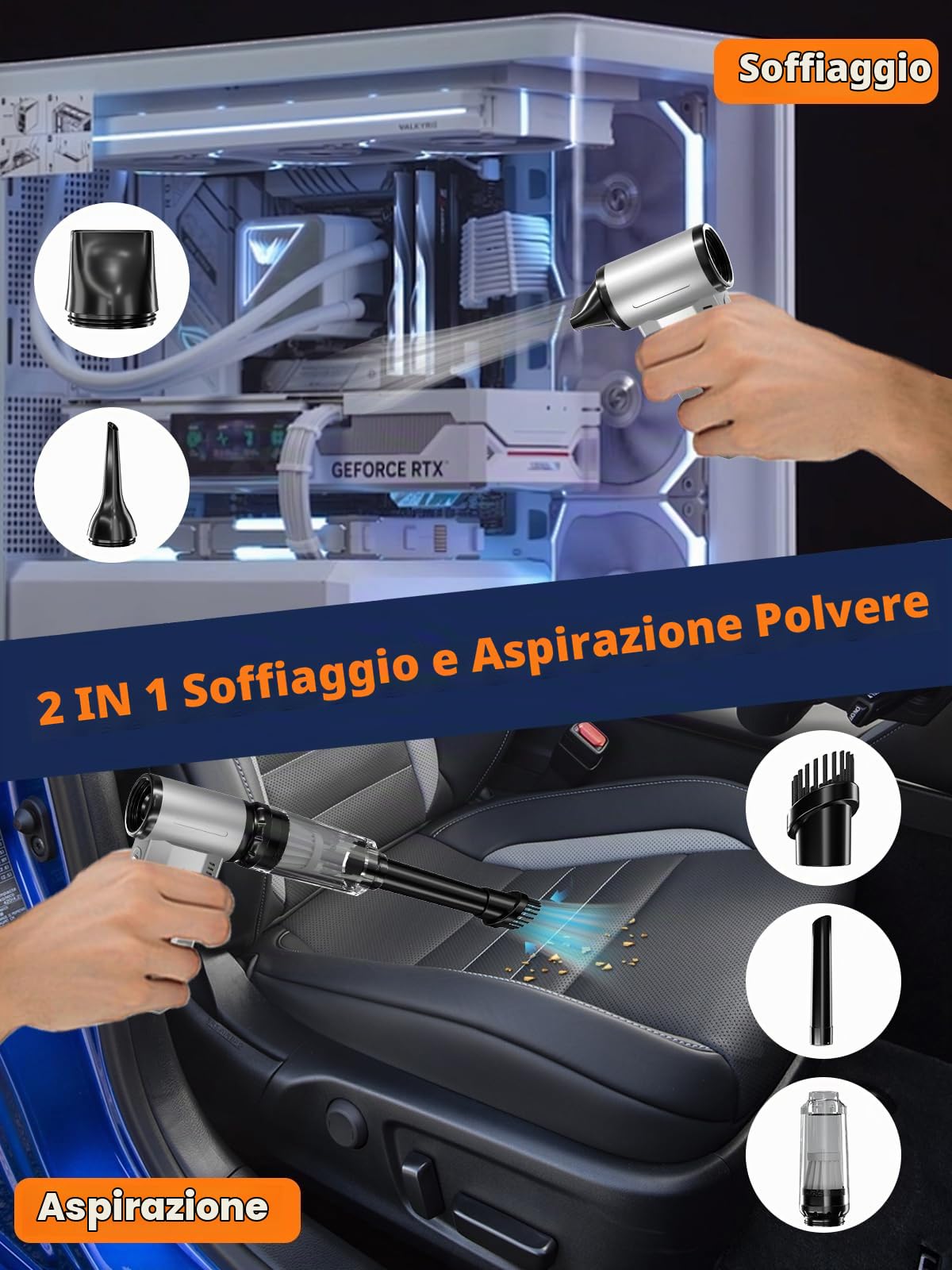 Buyounger Soffiatore Elettrico, Soffiaggio e Aspirazione Integrati, 200000 RPM Regolazione Infinitesimale della Velocità Aria Compressa, 8000 mAh, Ricaricabile, per Computer, Tastiera, Casa e Auto