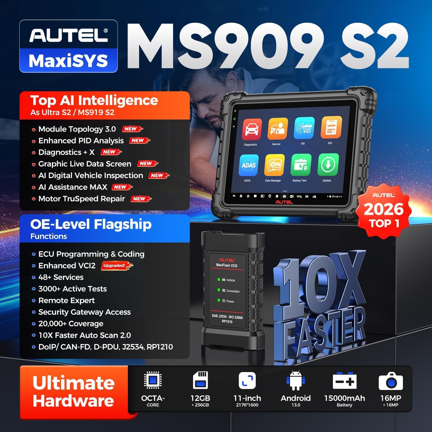 Autel MaxiSYS MS909 S2 AI Scanner, 2026 MS909S2 Top Intelligent Same as Ultra S2 MS919S2, Topology 3.0 PID Analysis & DVI, J2534 Programming, V2.0 of MSUltra MS919 MS909, Motor TruSpeed, 48+ Service
