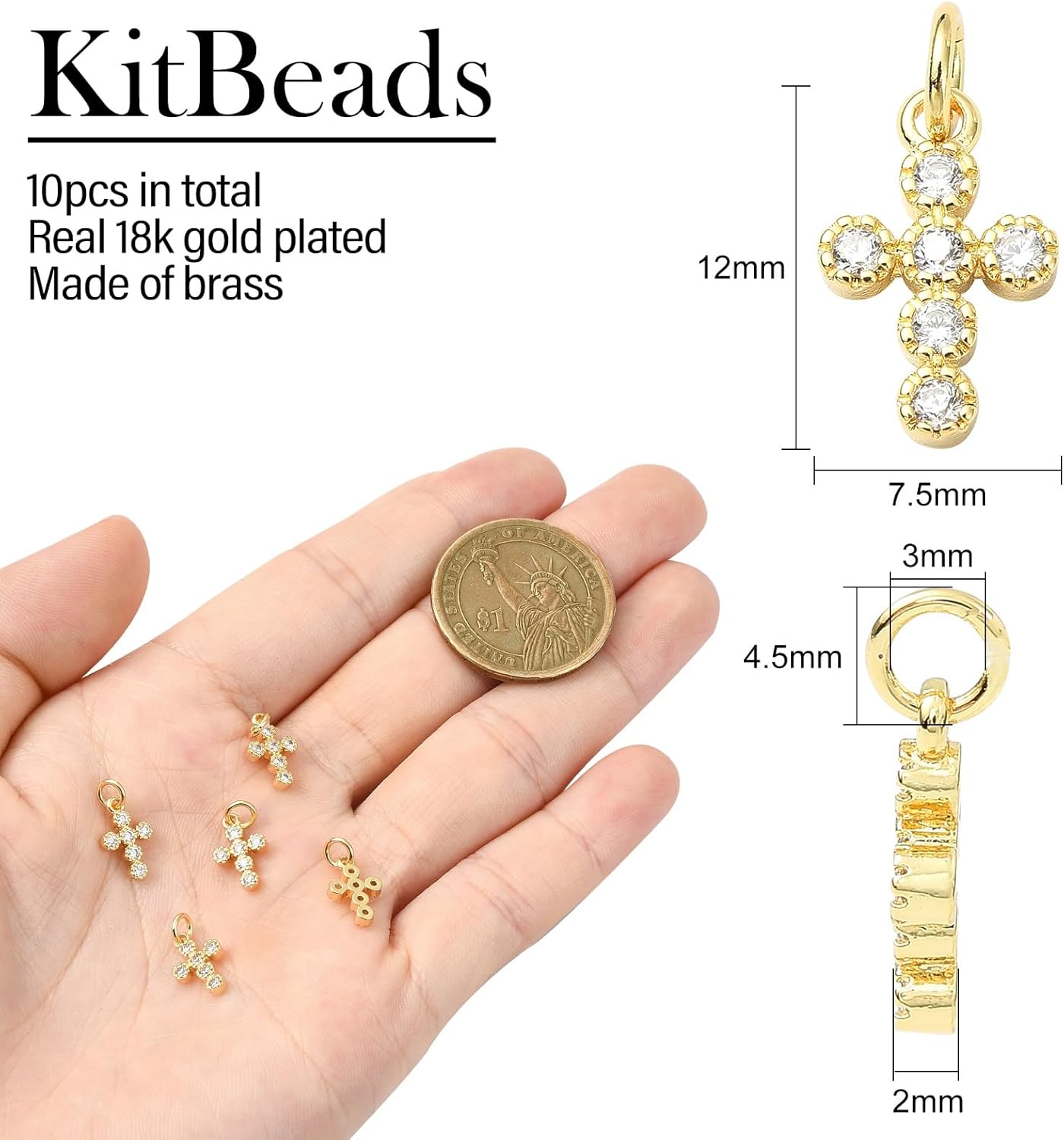 KitBeads 10pcs Cubic Zirconia Cross Charms 18K Gold Plated Religious Cross Crucifix Charm for Jewelry Making Bracelets Necklace Earrings Bulk - Image 2
