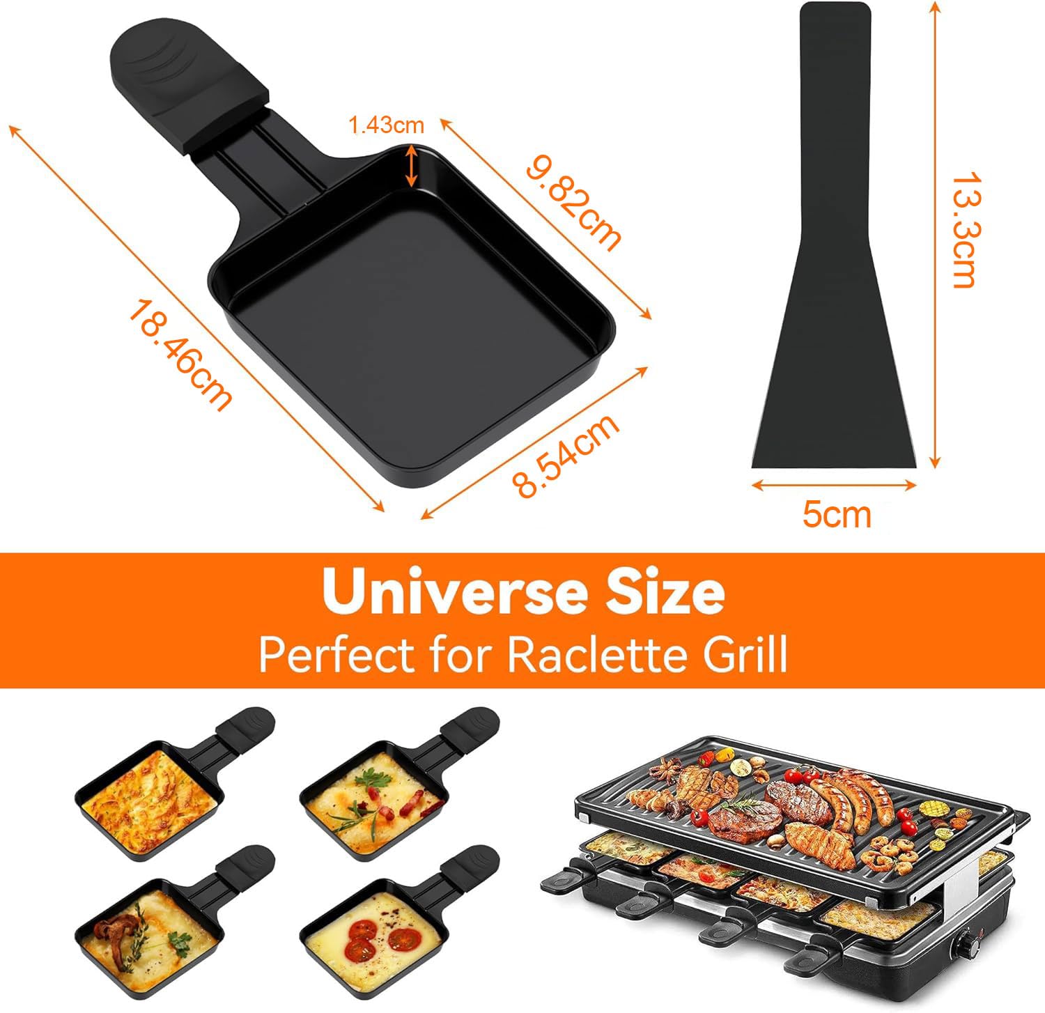 Yoassi 8pcs Mini Padelle per Raclette,Mini Piastra Raclette Antiaderente con 8 Spatole di Nylon,Misura Universale con Manici Antiscottatura,Padelle Quadrate da Raclette per Fuso Uovo Fritto