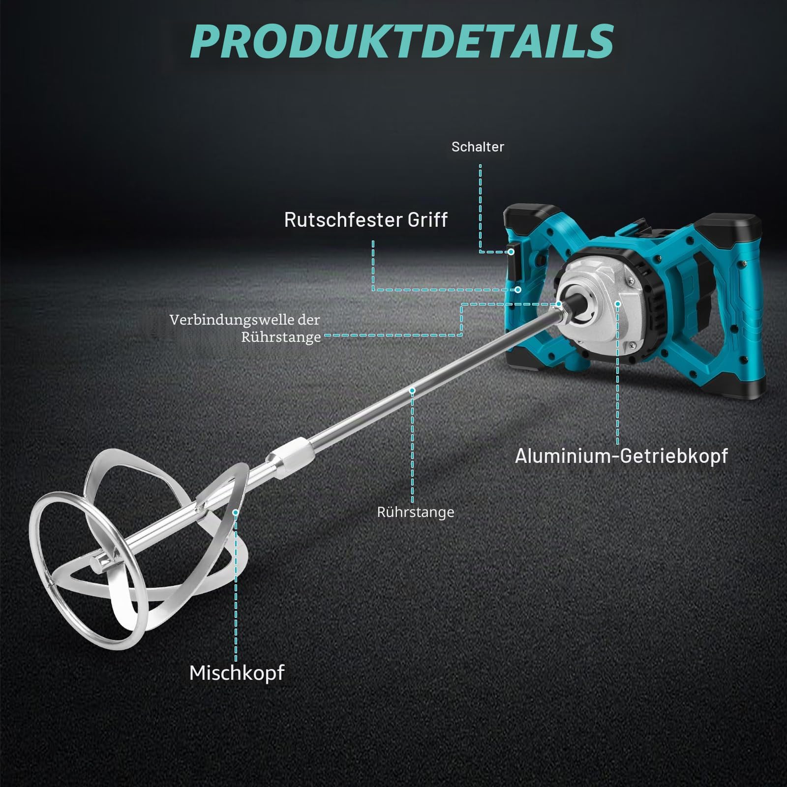 Akku Farbmörtelrührer Kompatibel mit Makita 18V Batterie, 3200W Rührwerk Mörtelrührer Zementrührer mit 2x2600mAh Akkus, 6-Gang, Brushless Farb-Mörtelrührer für Zement, Beton und Farbe