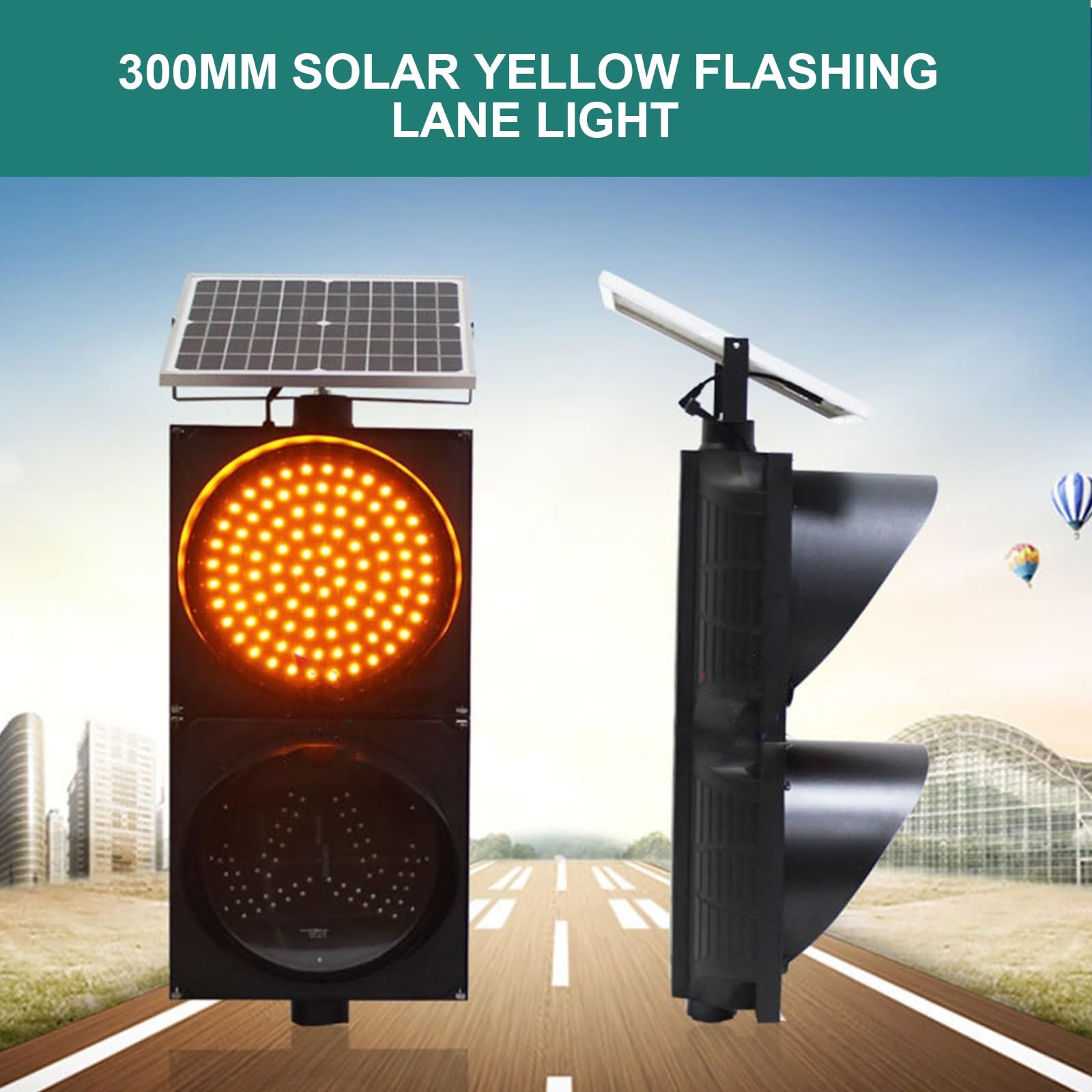 Wskaźnik ruchu drogowego, 300 mm, solarny panel słoneczny, wodoszczelny, z osłoną przeciwsłoneczną