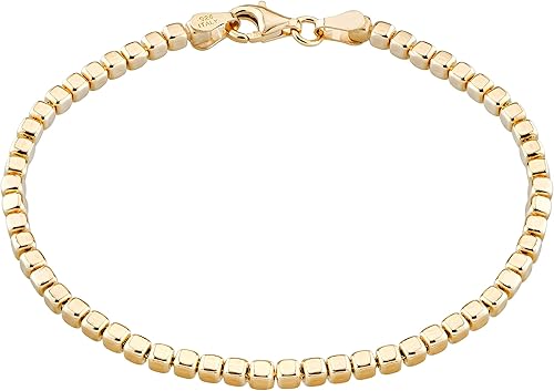 Miabella Italian 925 Sterling Silver, 18Kt Gold Plated Organic Cube Bead Chain Bracelet for Women Men, Made in Italy