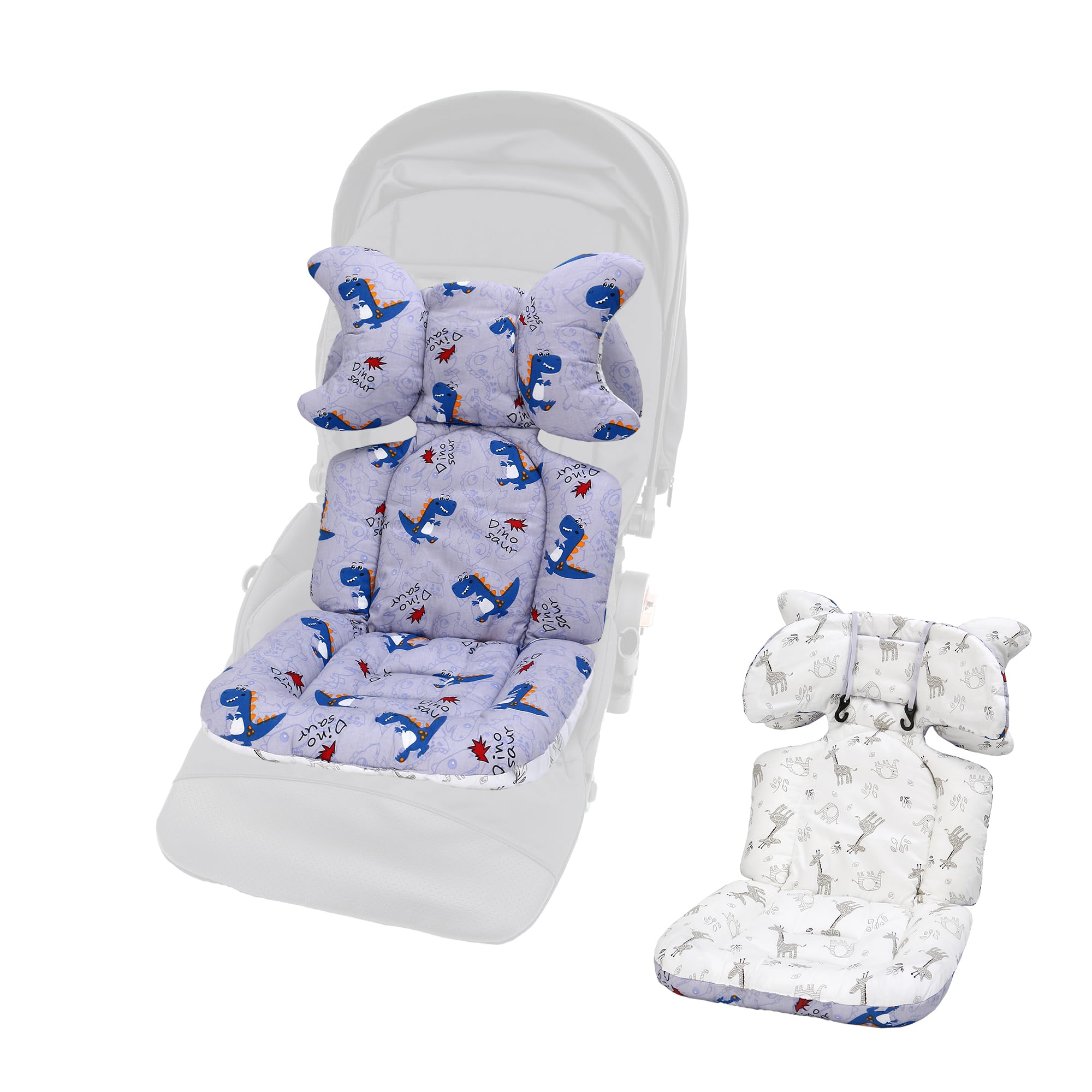 Baby Pushchair Seat Liners,1 Pack Removable Stroller Cushion Seat Liner,Universal 100% Cotton Pram Insert Pad,Pushchair Seat Covers Thick for Pram Buggy Baby Carriage,Toddler Infant(Dinosaur+Giraffe)