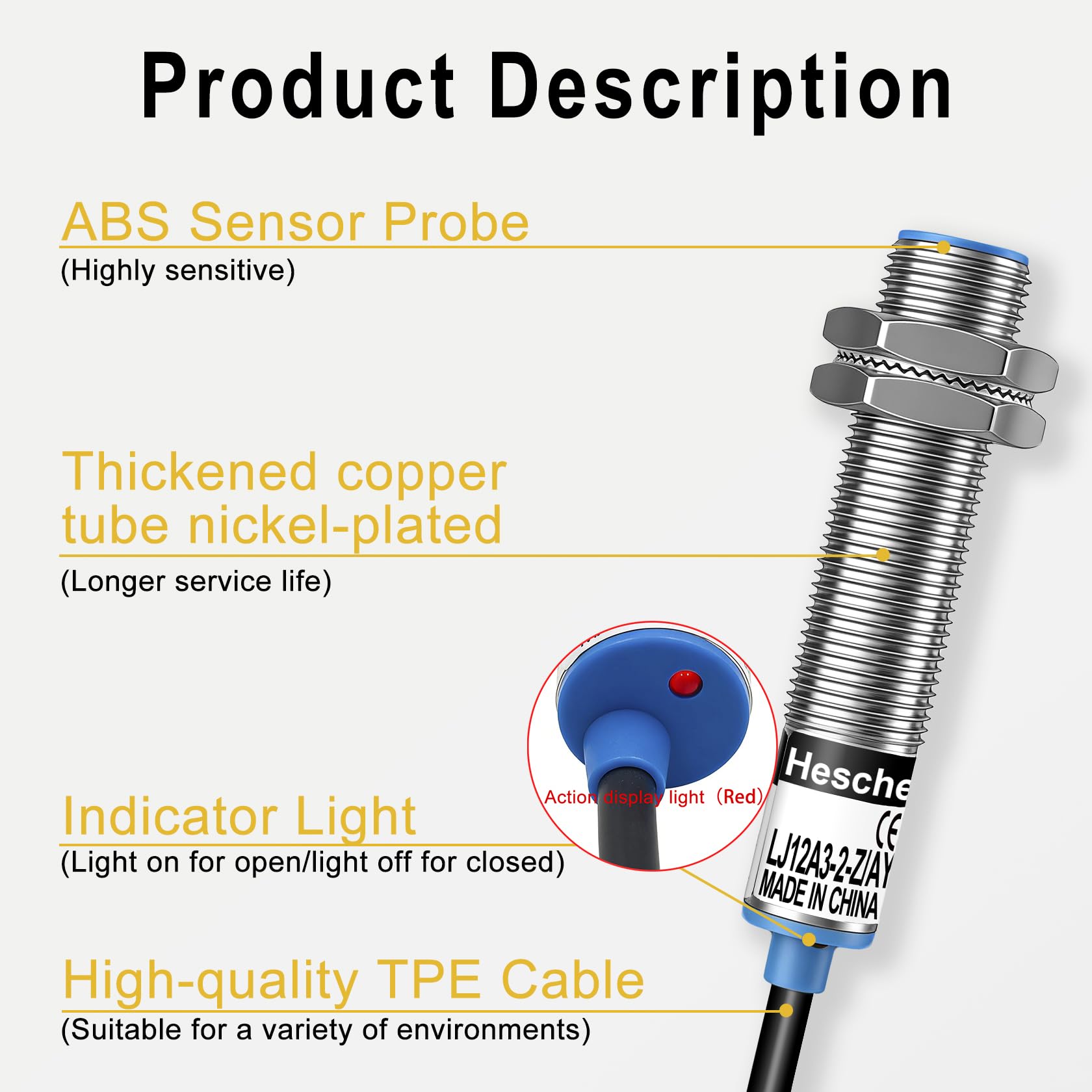 Heschen M12 Détecteur de proximité inductif, Type blindé, LJ12A3-2-Z/AY, Détecteur 2mm, 10-30VDC 200mA, PNP Normalement fermé (NC), 3 fils