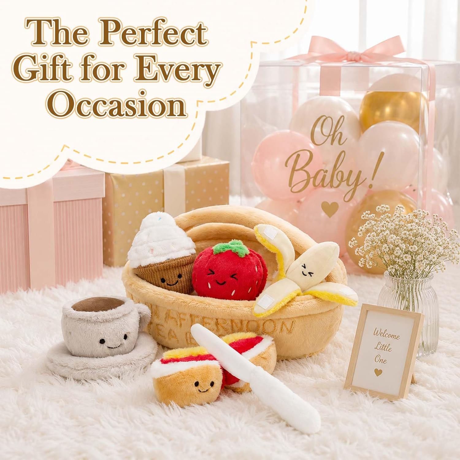 MaoGoLan Plush Tea Sets for Toddlers, 7pcs Tea Party Plush Set Cutting Pretend Play Food Sets Toys for Kids with Cups, Desserts, Fruits, Basket, Birthday Gift for Girls Boys Children Toddlers