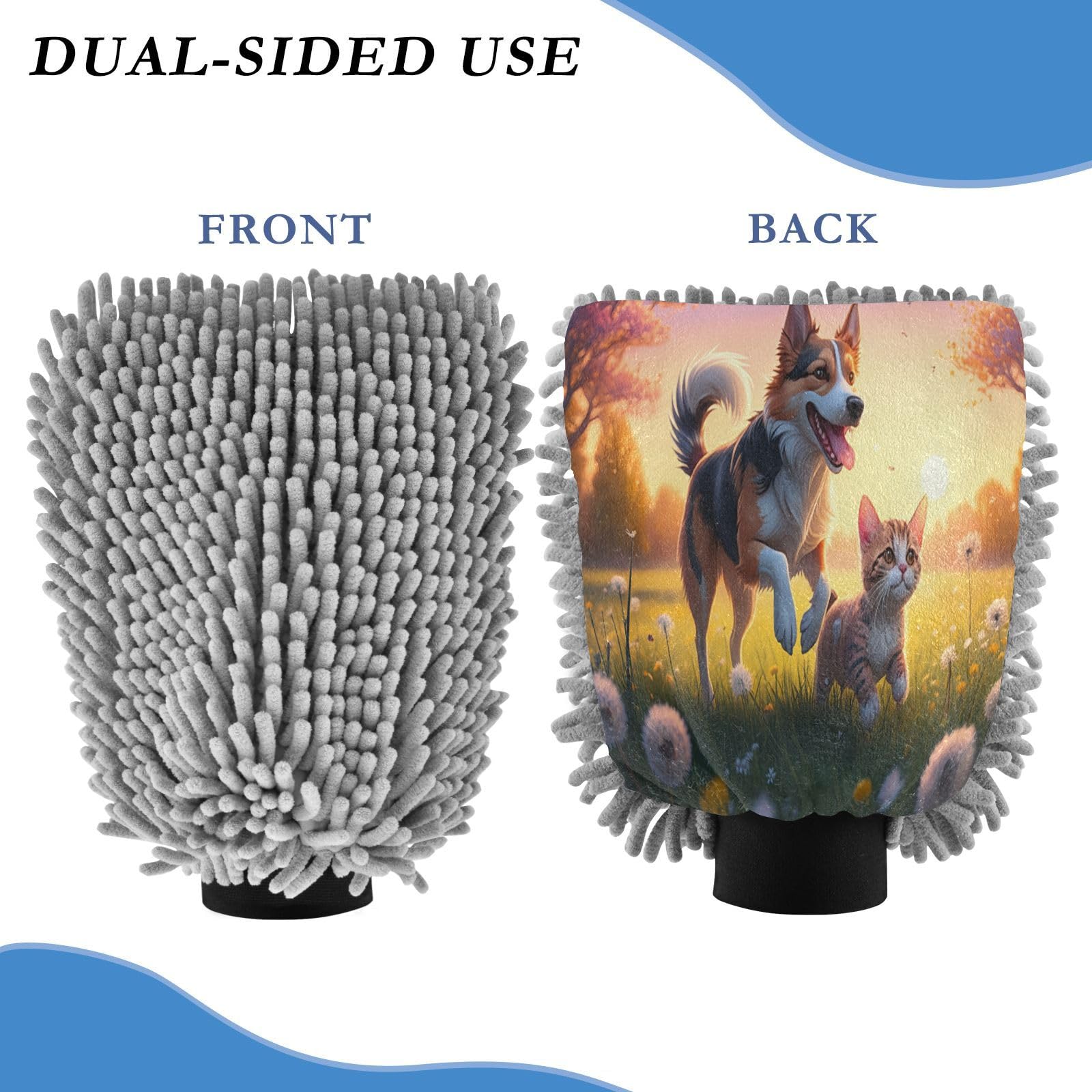 STAYTOP Dog and Cat Enjoying A Sunny Day Car Wash Mitt Microfiber, 2Pcs Scratch Free Lint-Free, Premium Chenille Microfiber Mitt Car Wash Brush-M