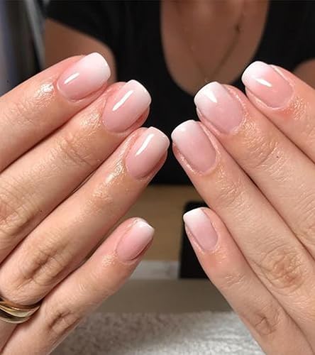 24 uñas cortas a presión – Ombre cuadrado pegar, pegamento francés con adhesivo de gelatina, kit de uñas postizas en 12 tamaños