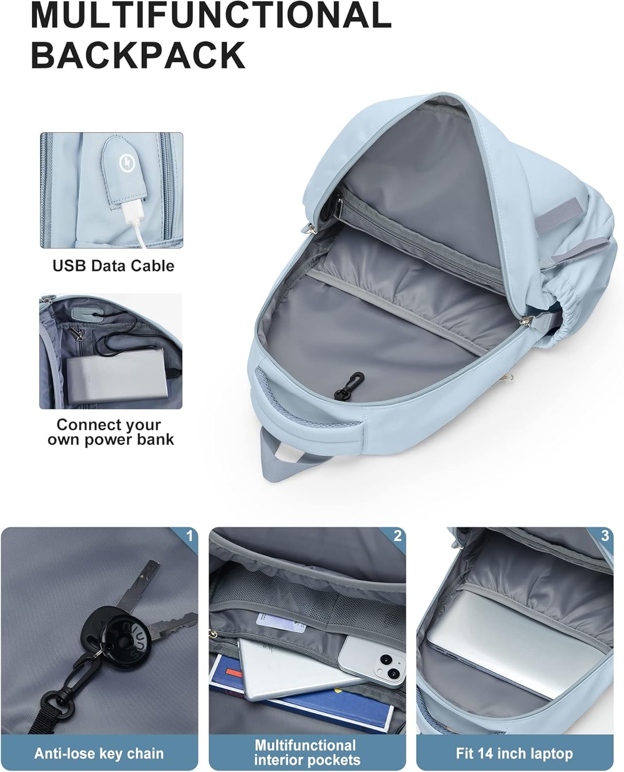 winspansy Small Backpack For School Girls Boys Aesthetic Lightweight Travel Daypack Simple Cute Backpack For Women Men College High School Bookbag Fit 14 Inch Laptop With USB charging port,Light Blue - Image 4