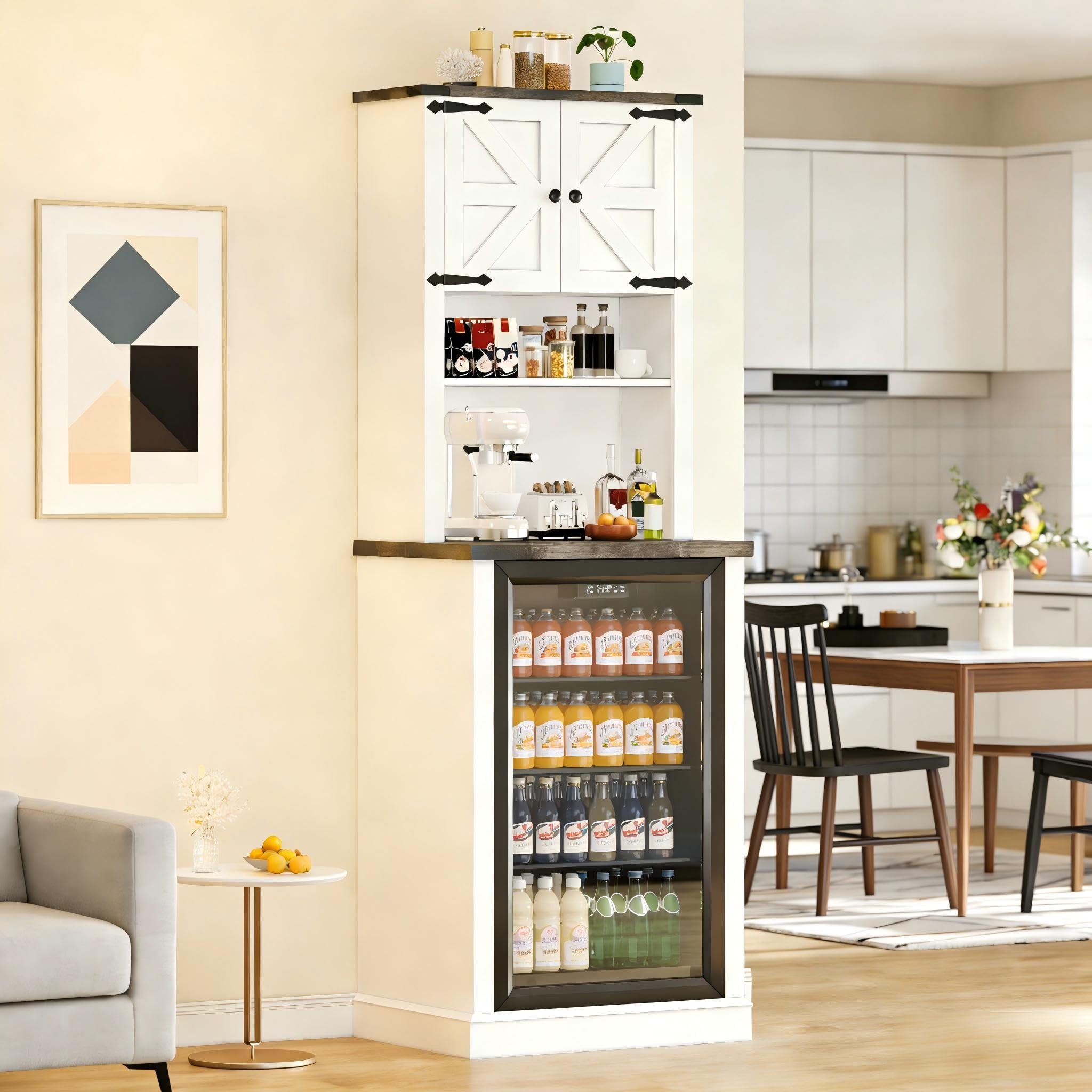 All in One 73'' Farmhouse Coffee Bar with Mini Fridge Space, Mini Fridge Cabinet with Storage, Wine Bar Cabinet with Microwave Shelf for Kitchen, Dining Room, Living Room