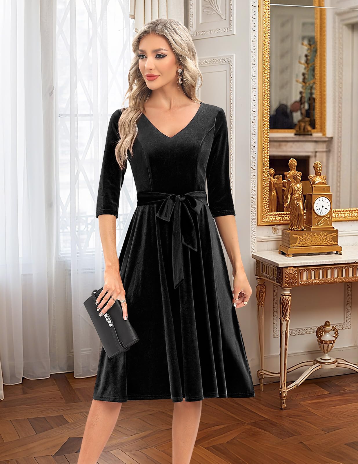 Bbonlinedress Robe Halloween Femme Hiver Mi Longue en Velours pour Déguisement Cosplay Soirée Fête Cocktail Manches Longue V-Black L