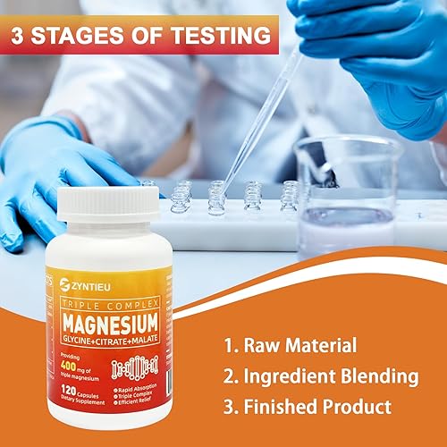 Miniatura 6 de Complejo triple de magnesio 400 mg de glicinato de magnesio, malato y citrato para músculos, nervios y energía con vitamina C, B6 para alta