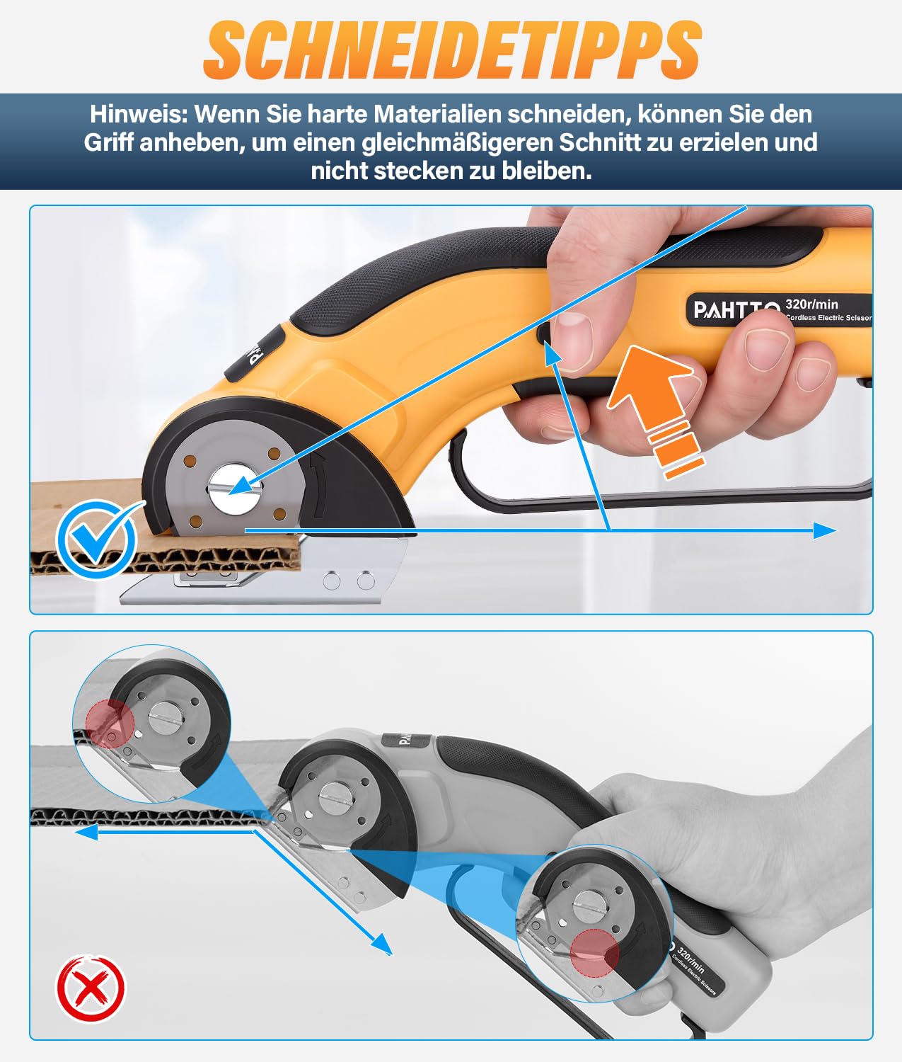 PAHTTO Kartonschneider elektrisch Schere mit Handgriff, Kabellose Rollschneider Akku-Universalschneider Rotationsschneider für Papier, Pappe, Teppich, Leder, Filz, Stoff