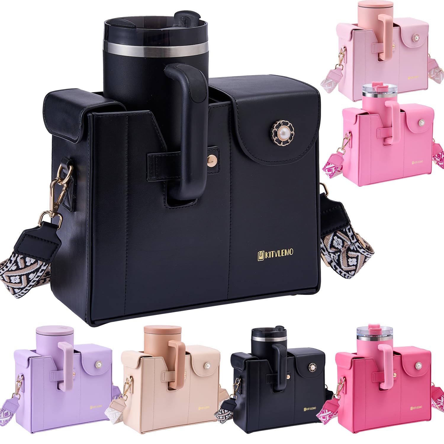 kitylemo water bottle Purse Cup Holder Bag, Purse with Water Bottle Pocket, Bag for Tumbler, Portable Crossbody Cup Carrier