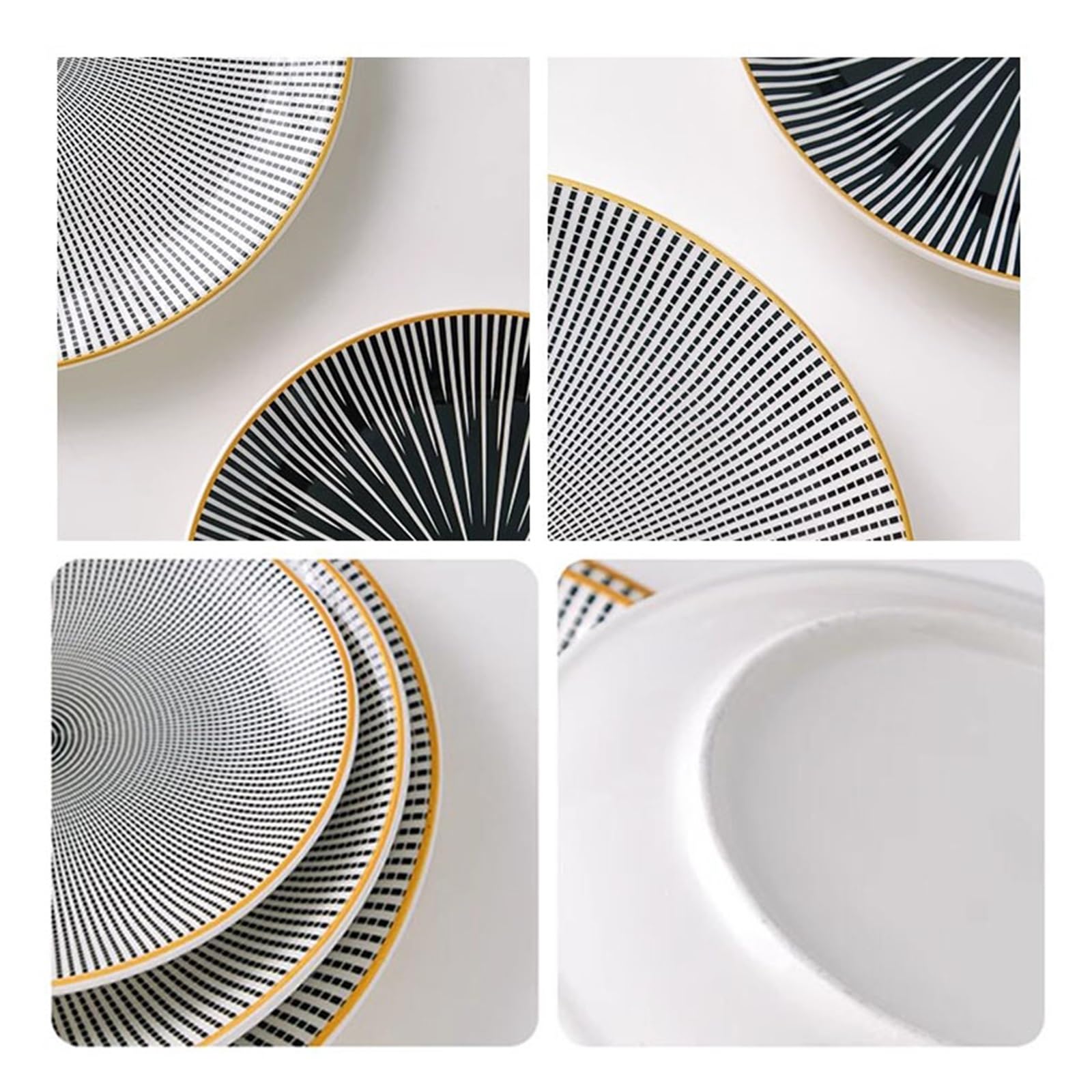 Ceramiczny zestaw 4 talerzy obiadowych w stylu europejskim – czarno-białe porcelanowe okrągłe talerze na sałatkę, deser, lunch i przystawki, elegancka zastawa stołowa do jadalni