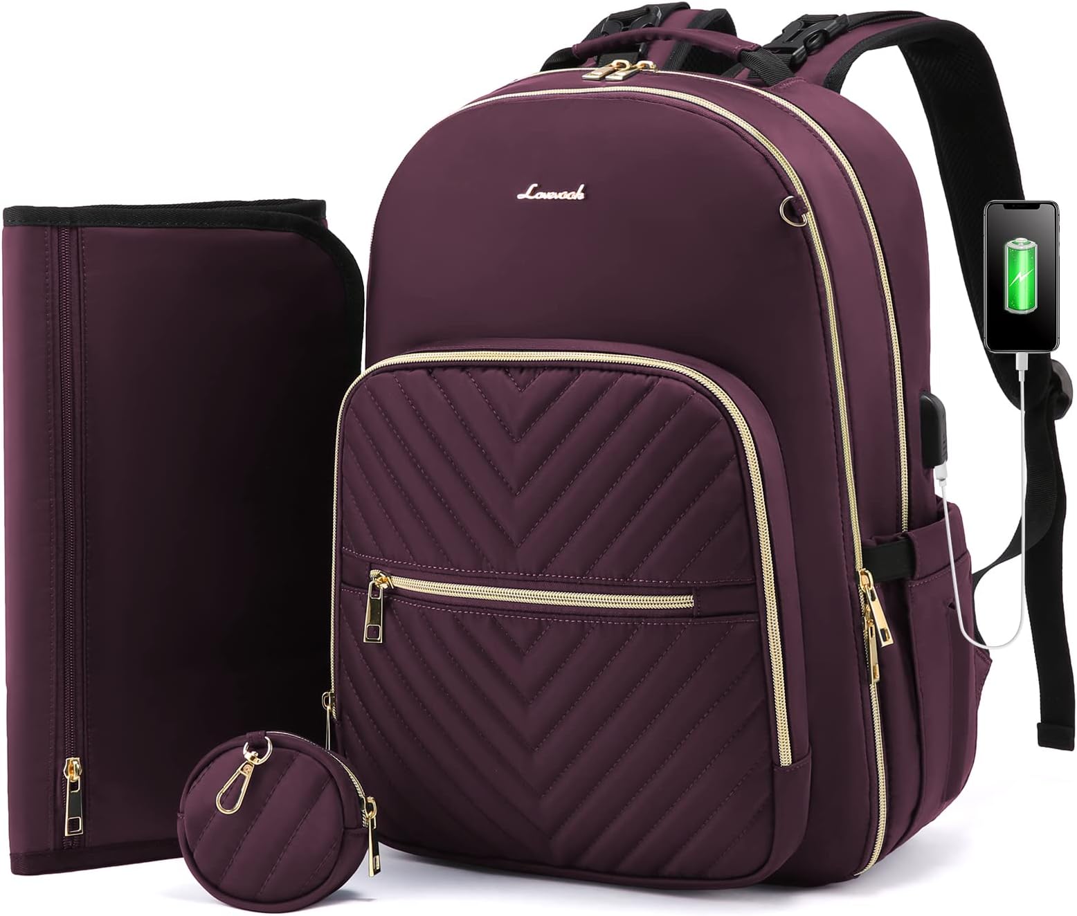 LOVEVOOKDiaper Bag Backpack, Quilted Baby Bag with Changing Pad & Pacifier Holder, Waterproof Travel Diaper Bags for Baby Boys Girls, Stylish and Large Capacity,Dark Purple