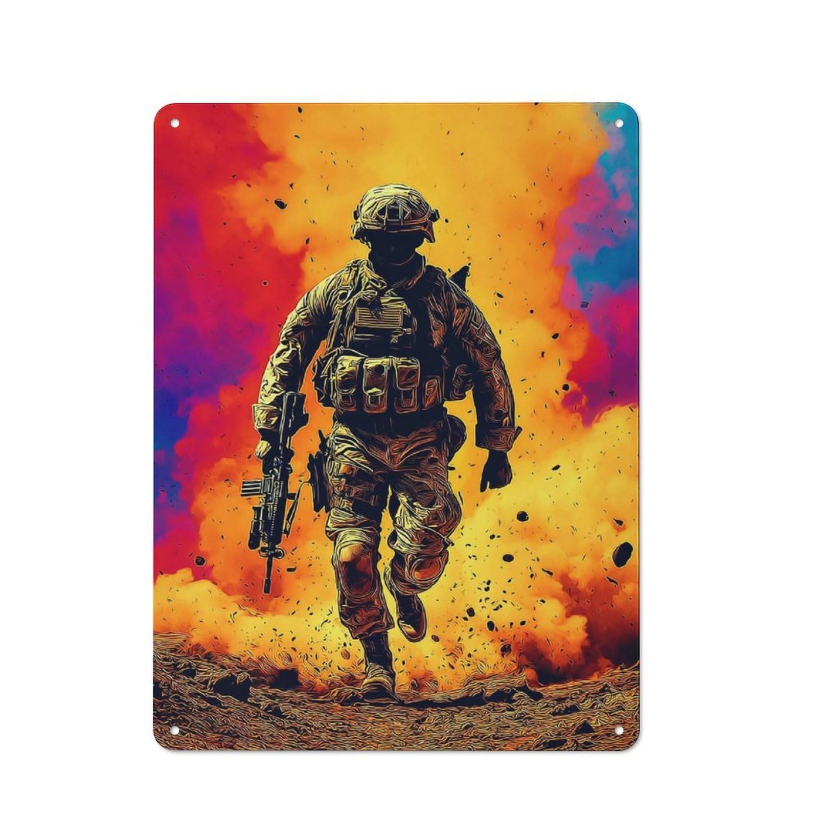 Junmoney Soldier In Action Amidst Explosions -2 Vintage Metal Plaque 40X30cm For Home Office Or Studio, Seasonal Metal Wall Decor For Winter Interiors