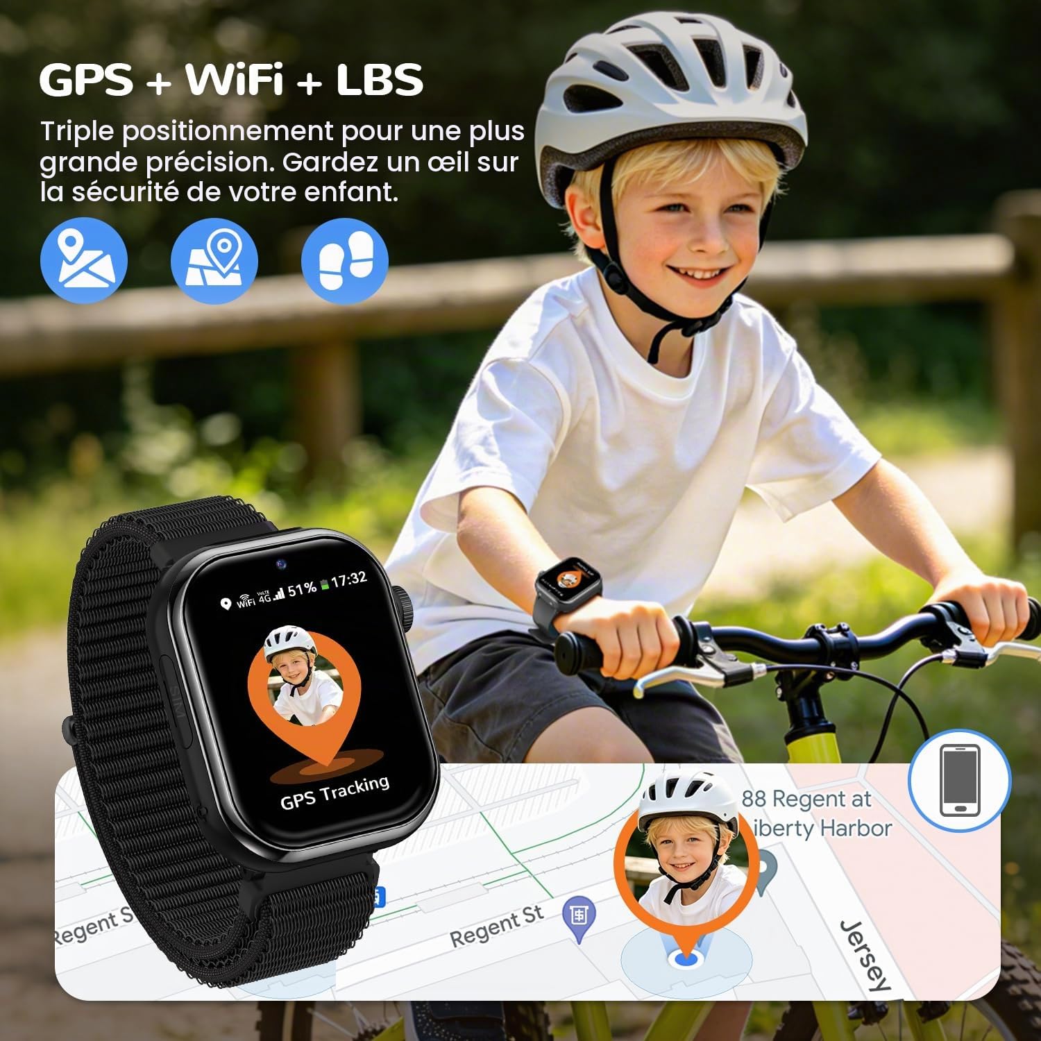 4G Montre Connectée Enfant avec Appel Vidéo, GPS, Double Caméra, Noir | Lampe de Poche, Carte Sim, GPS, Chat Vocal, SOS, IP68, Mode École, Podomètre, Réveil, Smartwatch Enfant pour Garçons Filles