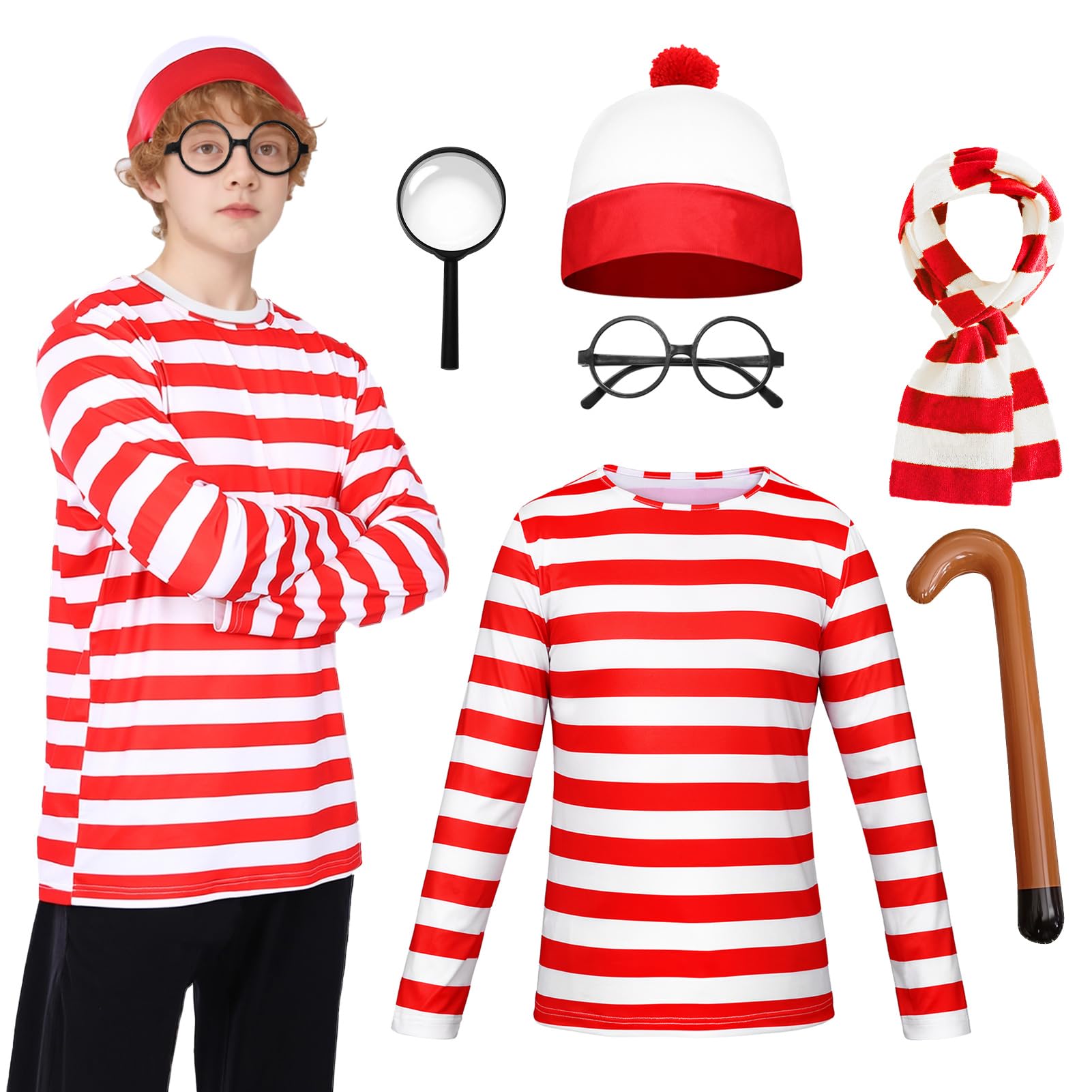Antsparty Red and White Striped T-Shirt Set for Adult, 6PCS Wally Costume Cosplay with T-Shirt, Socks, Beanie Hat, Glasses, Men Women Halloween Costumes World Book Day Outfit