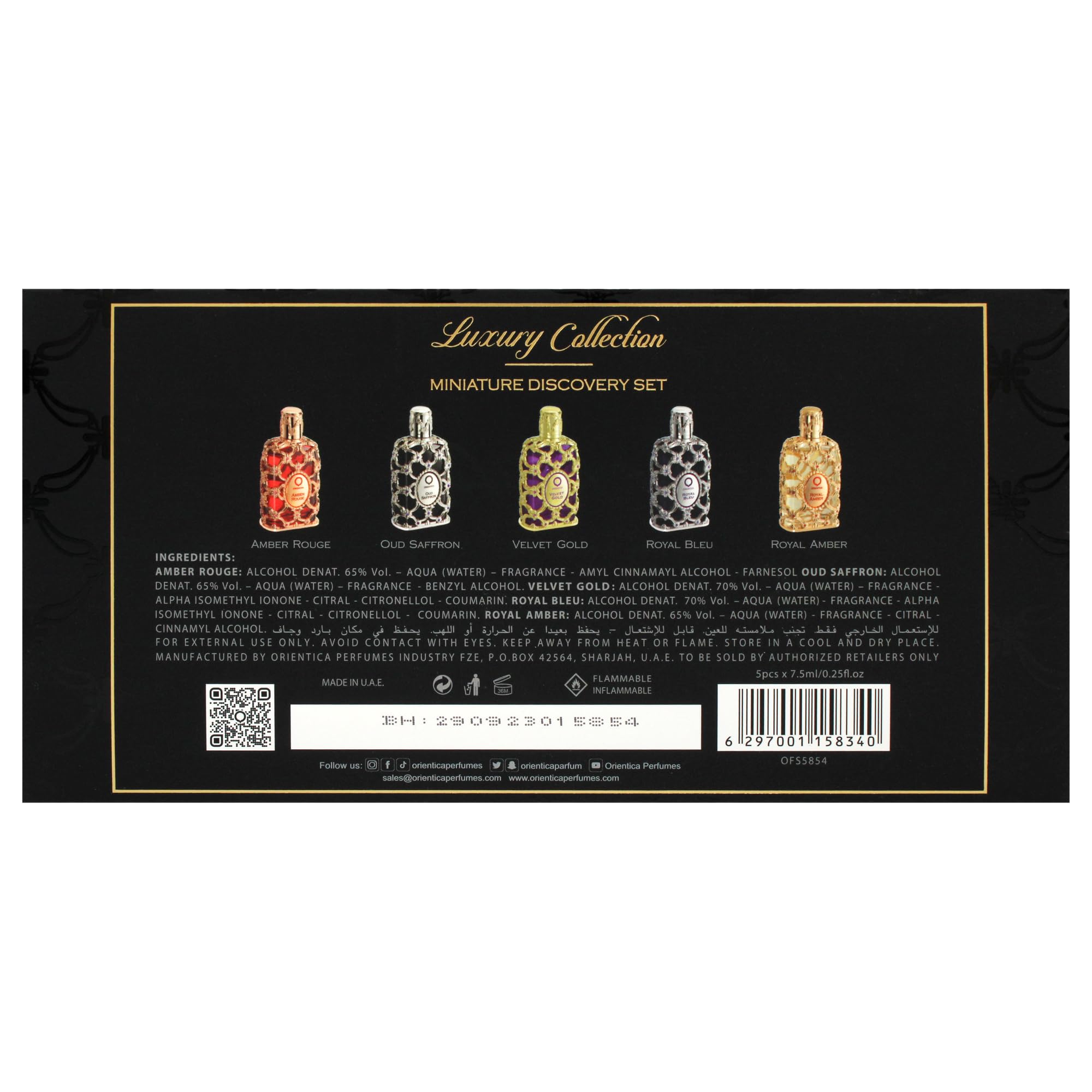 Orientica Luxury Collection Set Discovery Miniature Eau de Parfum 5 Pezzi (5 x 7.5 ml) – Amber Rouge, Royal Amber, Oud Saffron, Velvet Gold e Royal Bleu – Profumo Arabo Unisex per Donna e Uomo