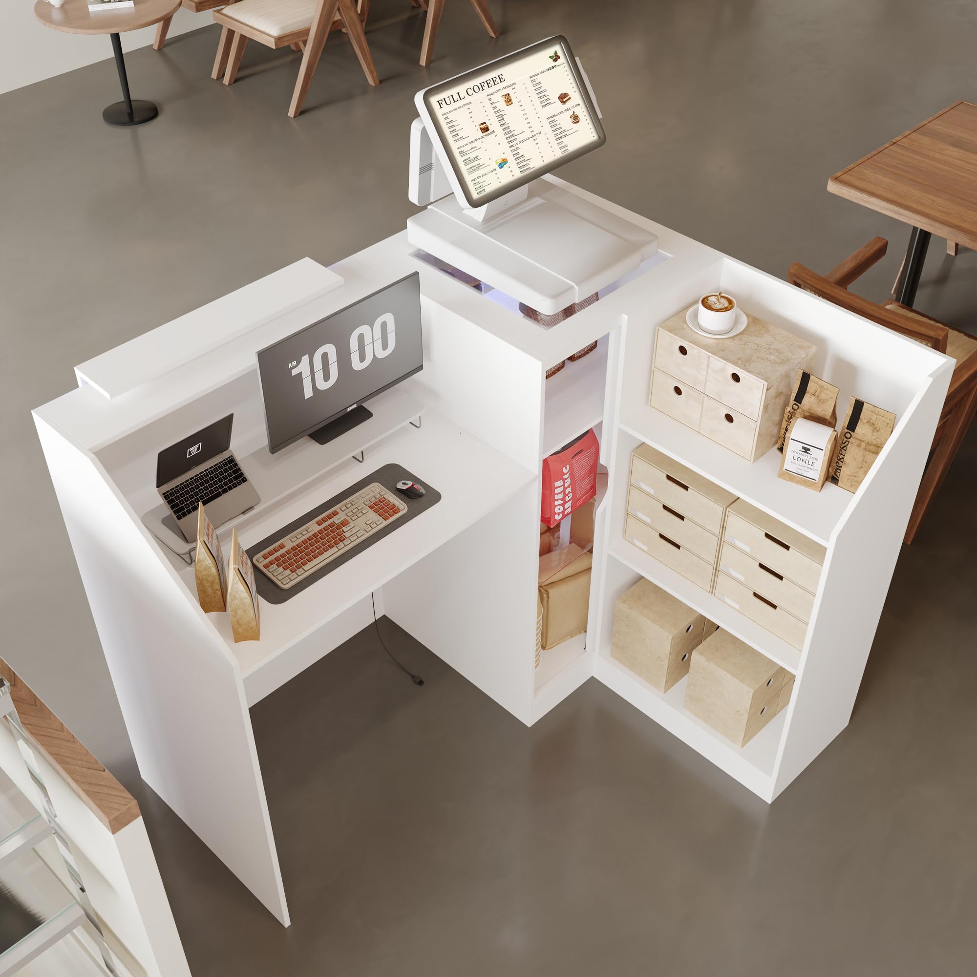 Caldion Moderno mostrador de recepción con iluminación LED, con cajón de tatuaje, mostrador de recepción de cristal templado, mesa de recepción en forma de L, color blanco, 120 x 100 x 103 cm