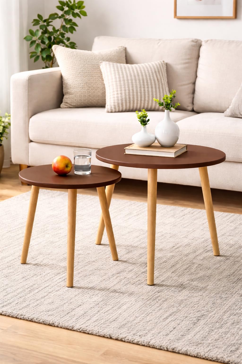 Brown Art SHOPPEE Side Tables Living Room Tables, Nesting Tables Set of 2 Small Coffee Table, Modern Minimalist Round Center Table for Sofa Bedside Bedroom Apartment Ofiice (Brown)-image-2