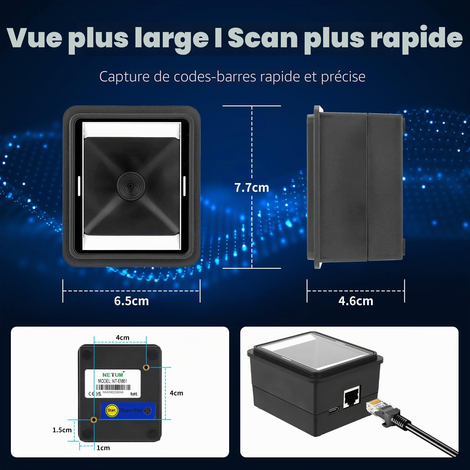 NETUM NT-EM61 Module Scanner Code-Barres Intégré, Lecteur QR Code 1D/2D, Montage Fixe Industriel, Compatible USB HID & USB COM