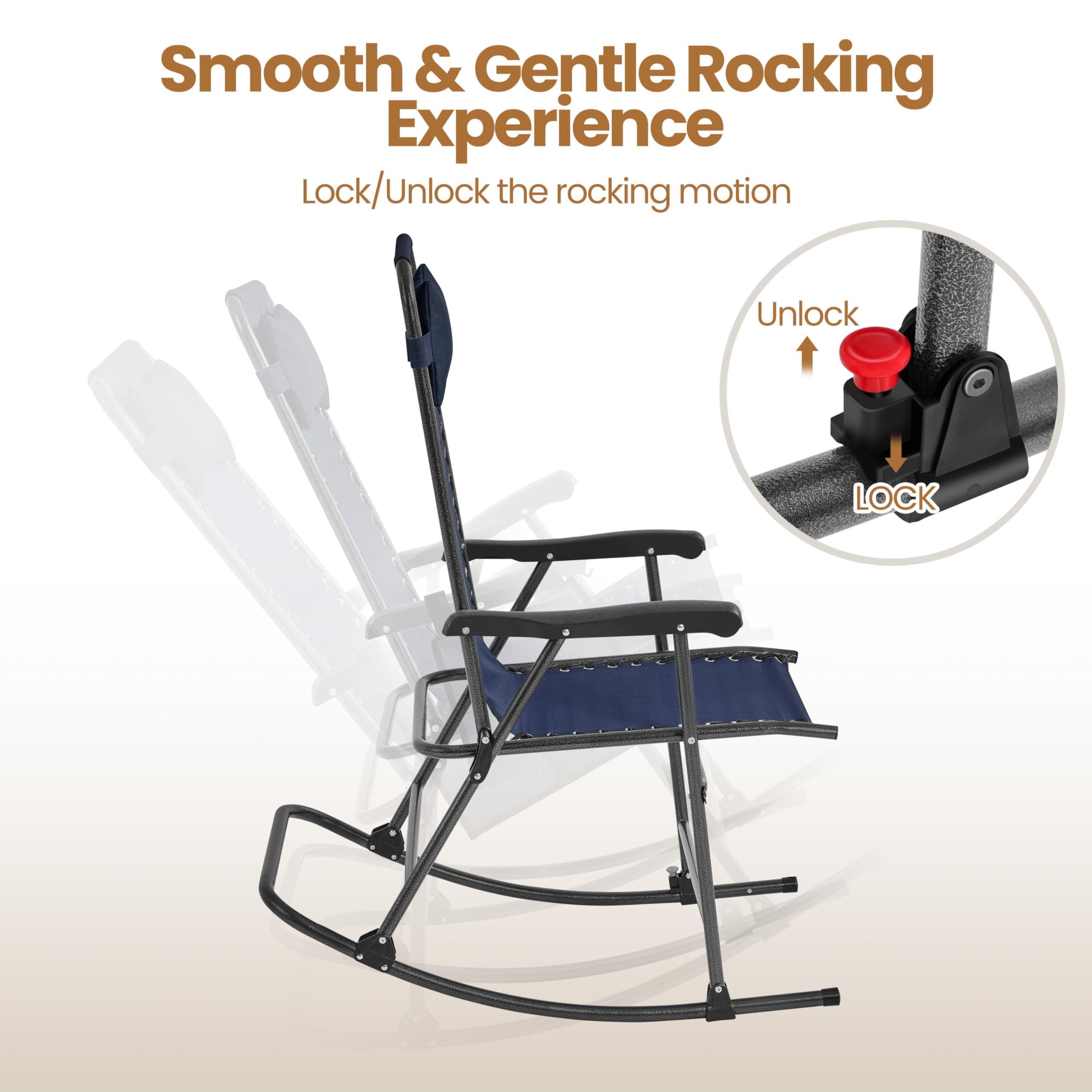 Abician Fauteuil à Bascule Pliable Rocking-Chair Portable avec Rangement et Coussin pour L'extérieur Jardin Patio Terrasse Camping Bleu