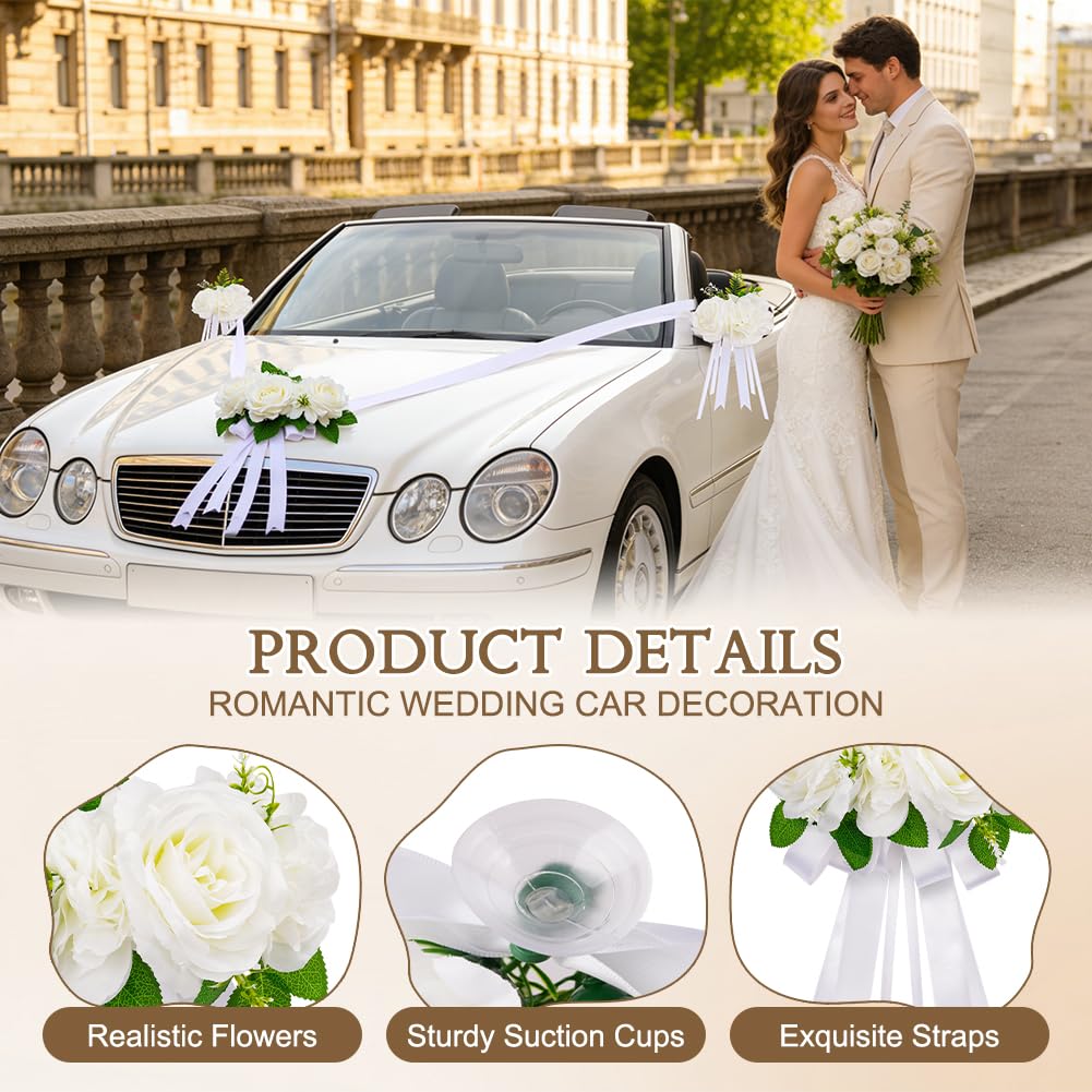 Déco de Voiture de Mariage, Kit de Décoration de Voiture de Mariageavec 3 Roses 4 Nœud 1 Tulle & 1 Ruban Adhésif, Deco Mariage Voiture pour Mariage Réception Cérémonie Fête