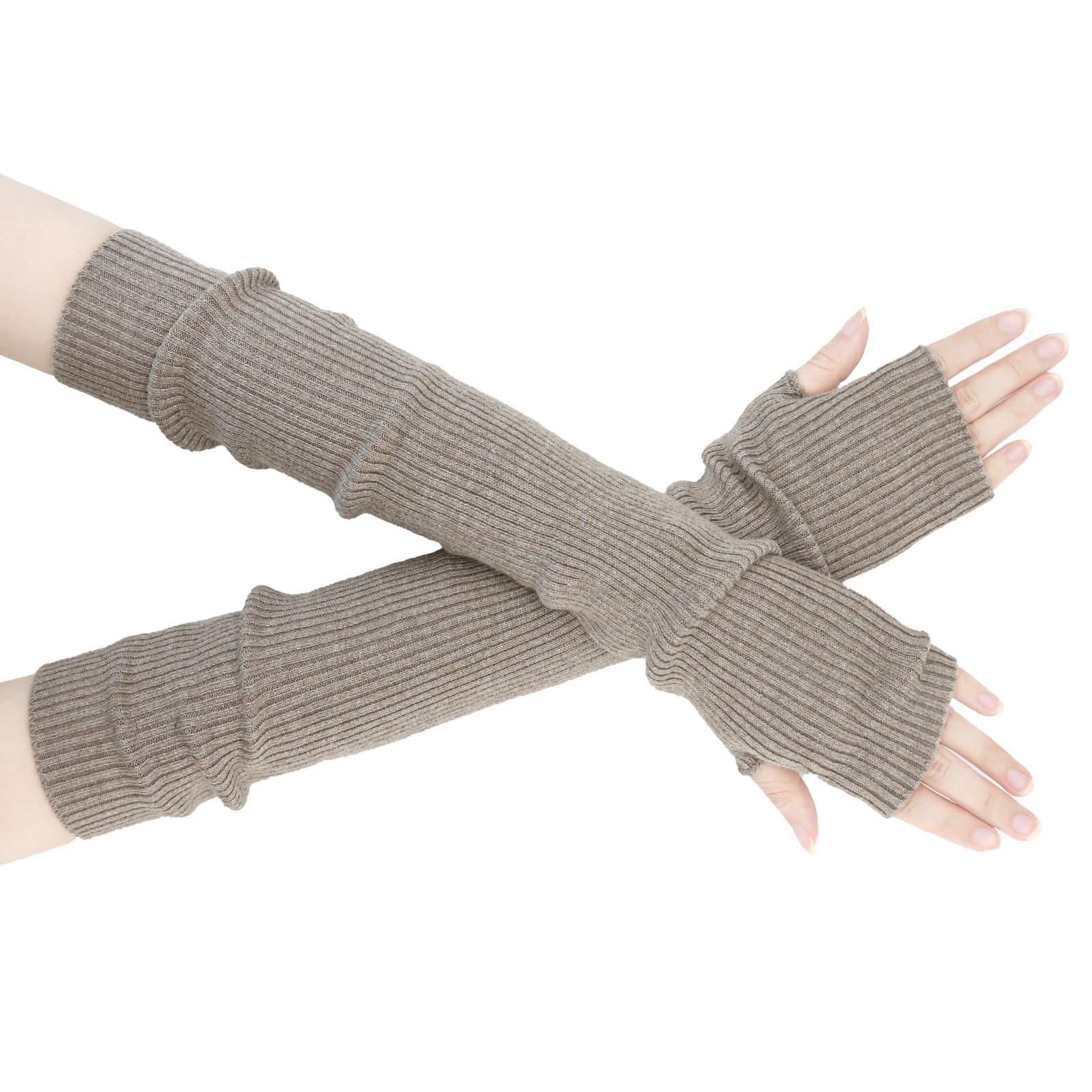 SEYUFN Winter Fingerless Long Gloves for Women Cashmere Blended Knitted Arm Warmers Super Soft Black Arm Sleeves: 40cm/15.7in Camel