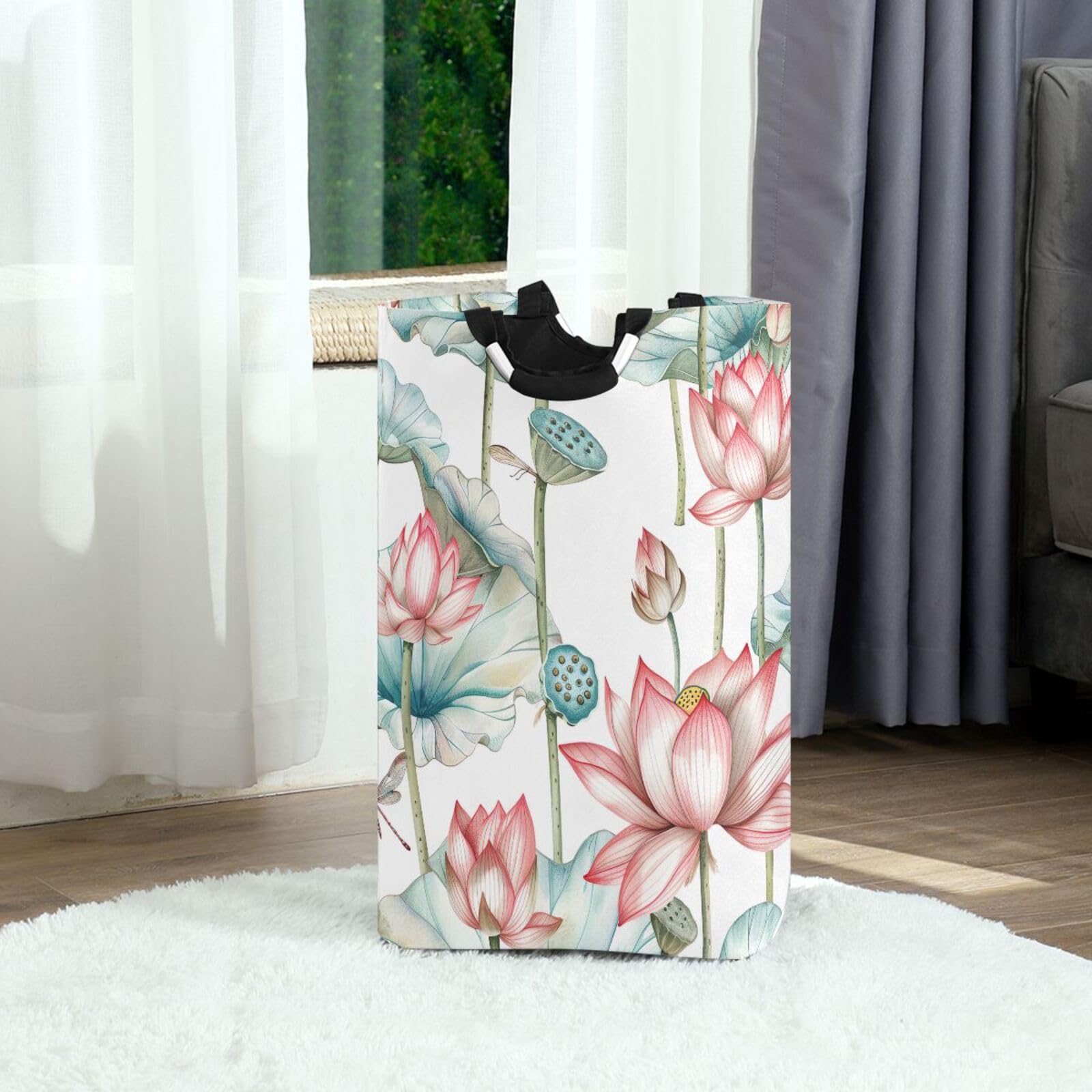 Jihqo Laundry Hamper Basket Pond Lotus Flowers Collapsible Nursery Storage Bin Waterproof Clothing Baskets for Home Bedroom Bathroom Washing Room