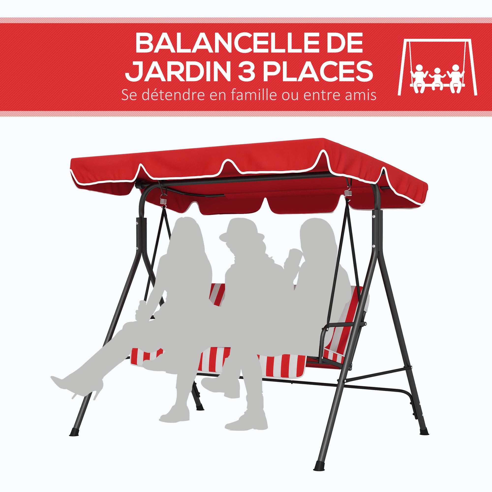 Outsunny Dondolo da Giardino a 3 Posti in Acciaio e Poliestere, Reclinabile Regolabile con Cuscini Seduta e Schienale, Tettuccio Parasole, 1,72 x 1,1 x 1,53 m, Nero e Rosso