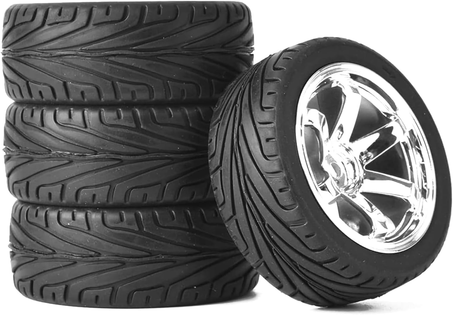 KINGCOO 4PCS 1:10 RC Car Tyre 65mm Rubber Tires and Plastic Wheel Rims for 1/10 On-Road Racing Touring Drift Car Spare Parts for HSP Tamiya HPI Kyosho (Silver)