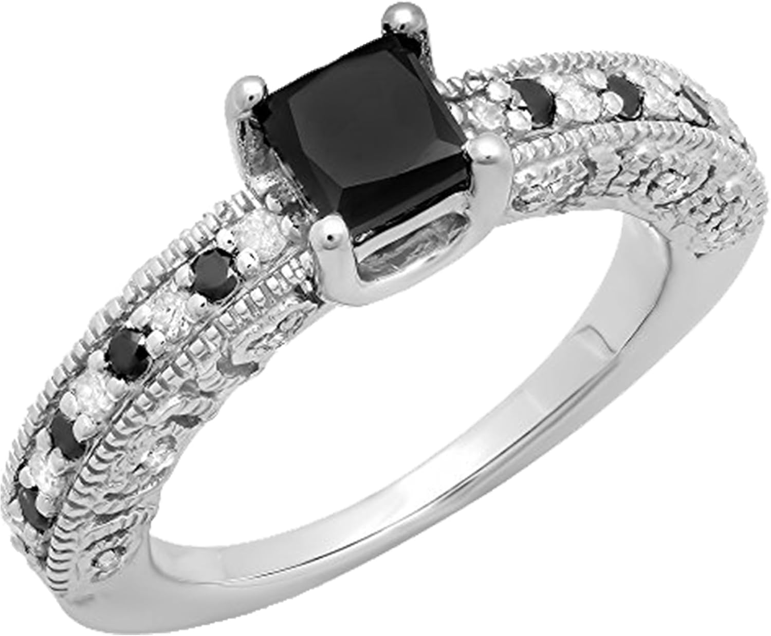 Dazzlingrock Collection 1.40 Ctw Princess & Round Black & White Natural Diamond Bridal Vintage Engagement Ring, Sterling Silver