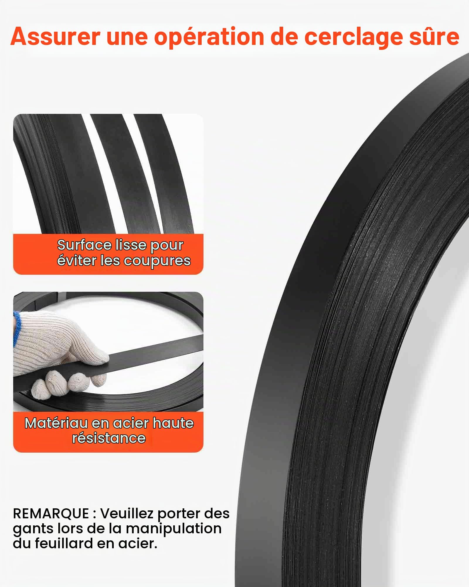 VEVOR Rouleau de cerclage en acier d'emballage, 19 mm x 0,55 mm x 91 m, bobine de cerclage robuste, résistance à la rupture de 775,6 kg, sangles métalliques d'emballage pour palettes et pierres, noir