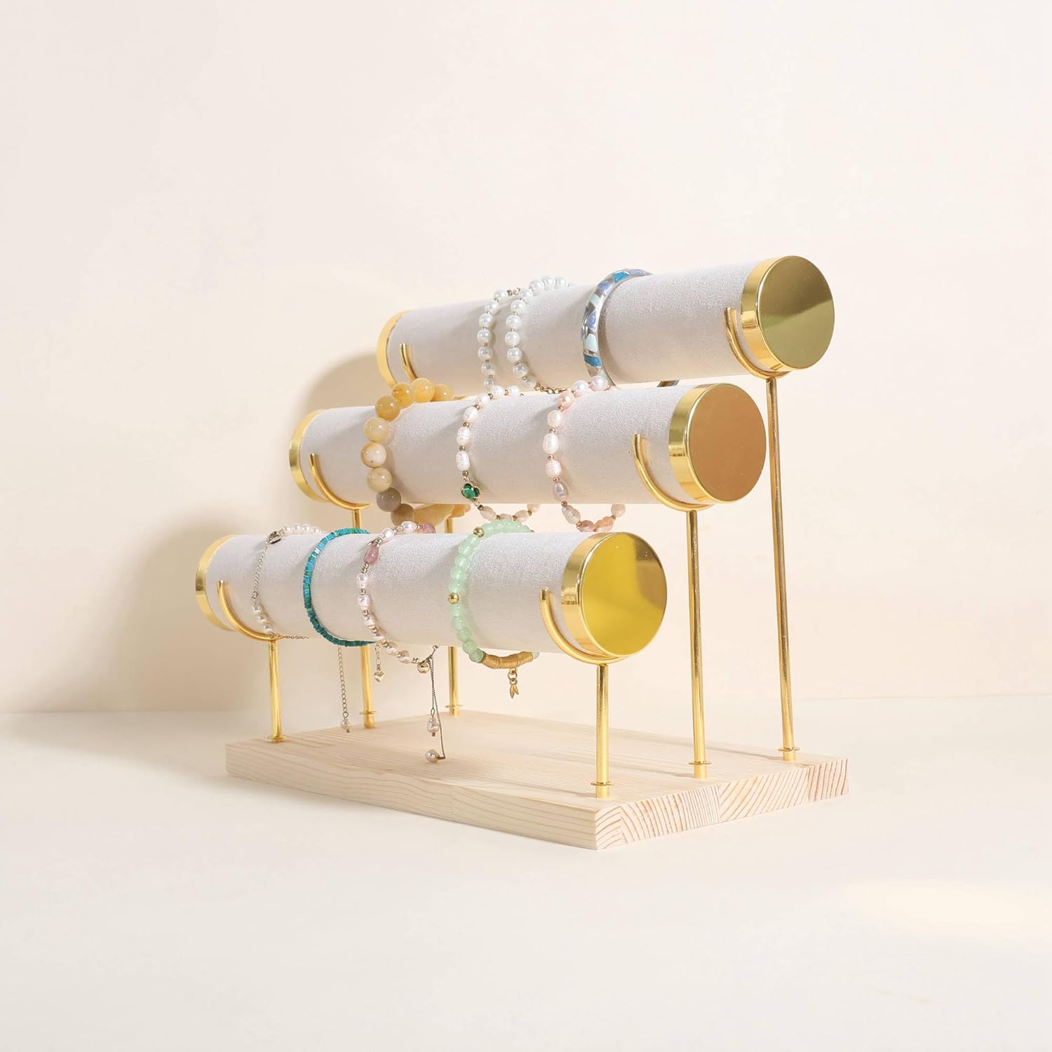 GemeShou Velvet Bangle storage oragenizer for selling, Beige bracelet storage rack for boutique store, Velvet wrap watch holder with wooden base for women girls【Bracelet holder-three tiers】