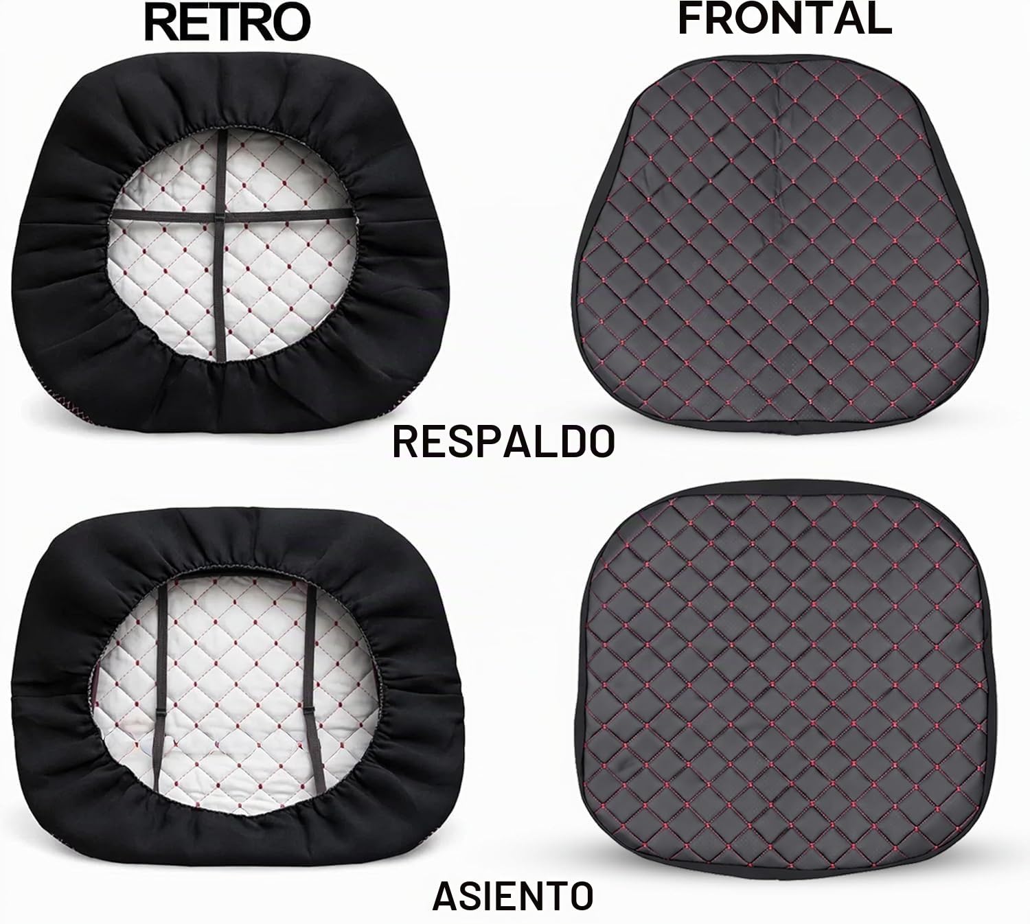 Funda de asiento universal para tractor de piel sintética acolchada, negro con costuras rojas