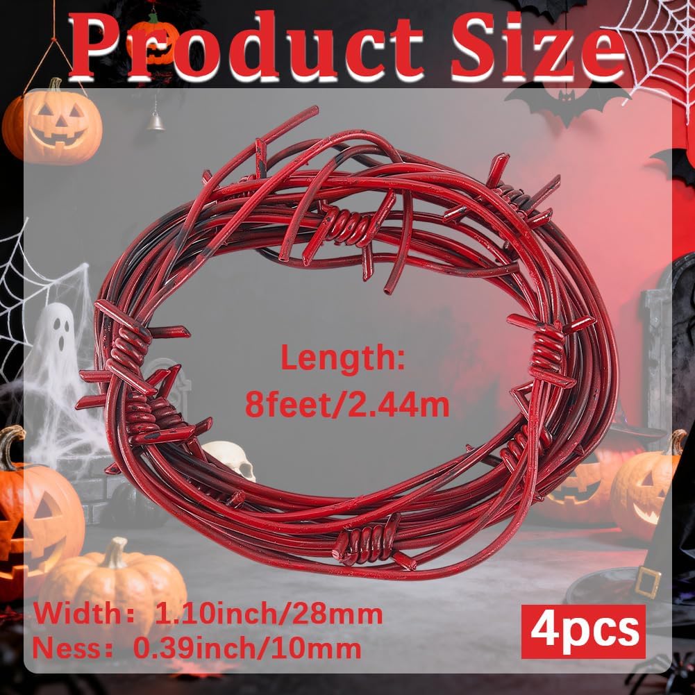 32FT/9.6M 4Pcs Red Plastic Barbed Wire Prop Halloween Party Props Halloween Plastic with Iron Inside Reusable Wreath Faux Barb Wire for Cowboy Western Party Decoration Garden Security Fence