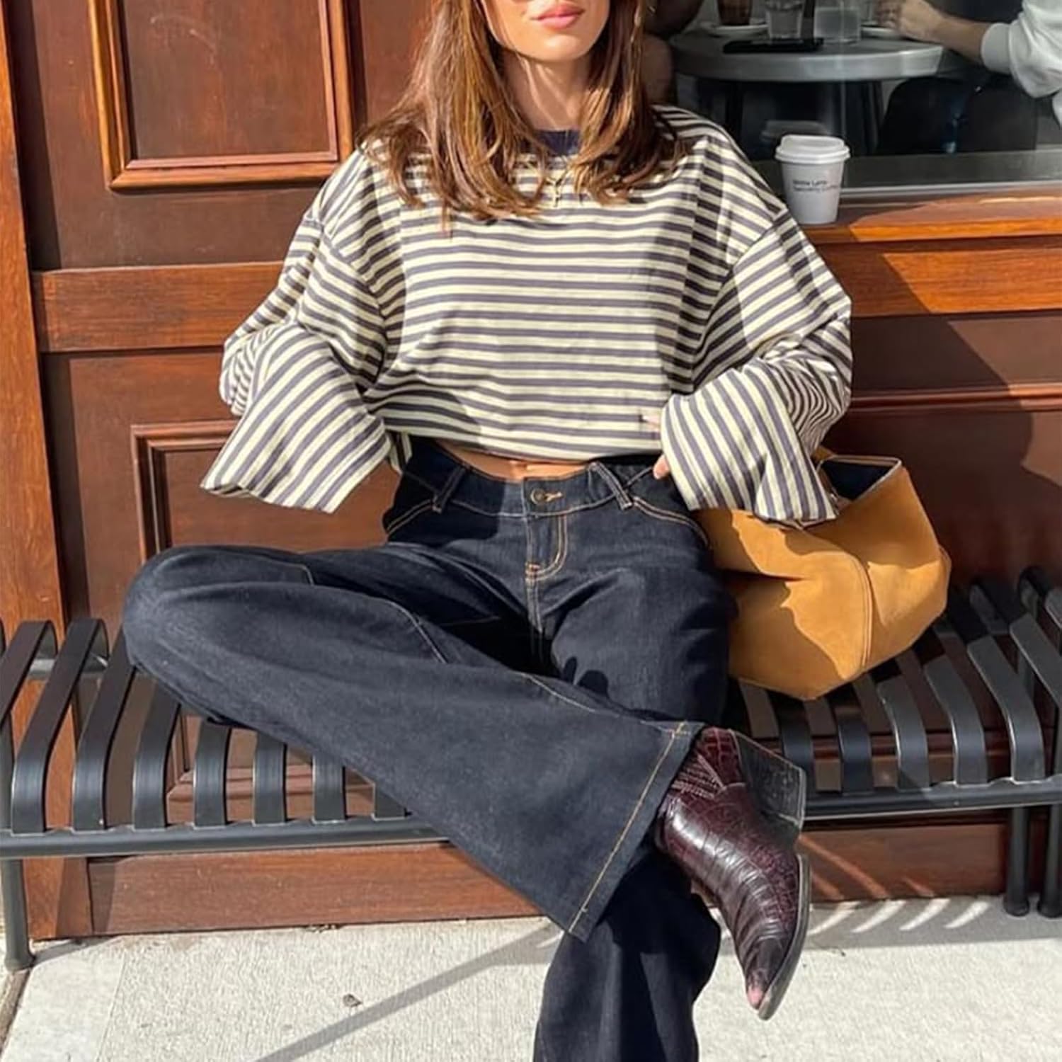 KOSUSANILL Women Oversized Striped Long Sleeve Shirt Crewneck Cropped Tops Drop Shoulder Y2K Preppy Sweatshirt Fall Clothes - Image 6