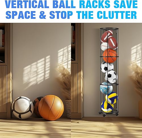 Vista 5 de Columnar - Estantes verticales de almacenamiento de bolas con ruedas, soporte de pared duradero para baloncesto, voleibol, ahorro de espacio