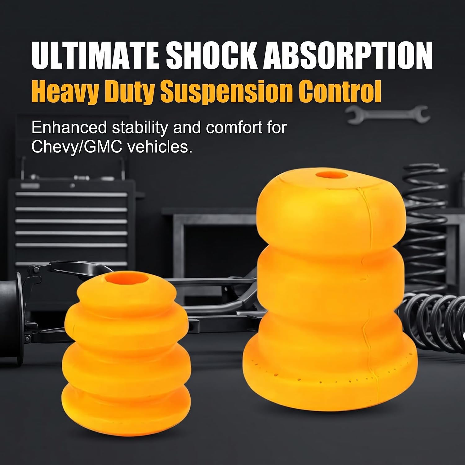 4 PCS Car Control Arm Bumper and Control Rear Axle Bumper Stop, Rubber Front Rear Suspension Shock Absorbing Block, OEM# 15153958 15039397, Compatible with Savana 1500 Truck (Yellow)